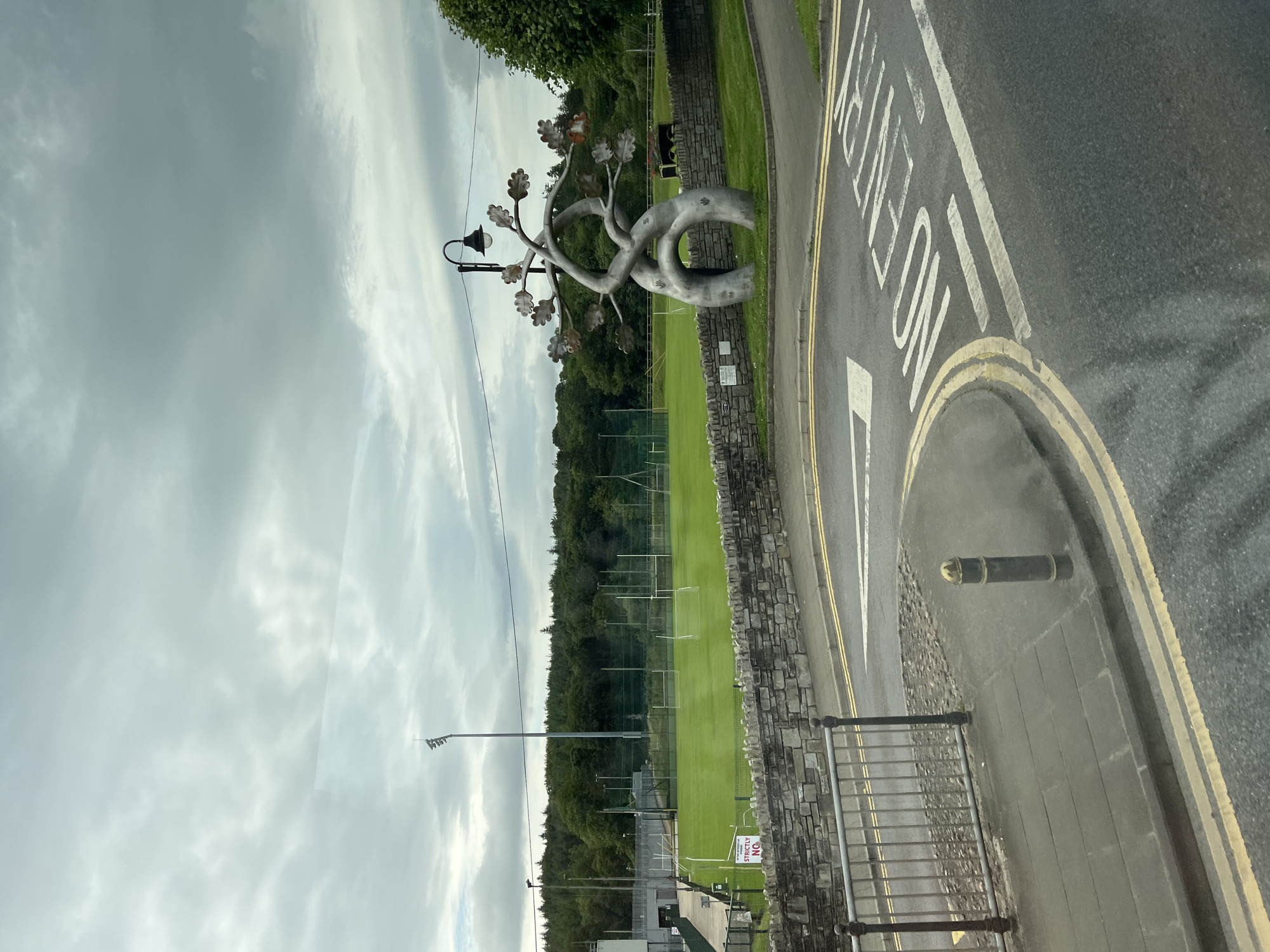 This image shows a street scene in Ballybofey, Ireland. In the foreground, there is a road with yellow double lines indicating parking restrictions. A white "NO ENTRY" sign is painted on the road. To the left of the road, there is a sidewalk and a metal fence. Beyond the fence, there is a stone wall. In the middle ground, there is a large metal sculpture of a tree with several branches. Behind the sculpture and the stone wall, there is a green sports field with goalposts, a tall light pole, and a line of trees. The sky is cloudy.