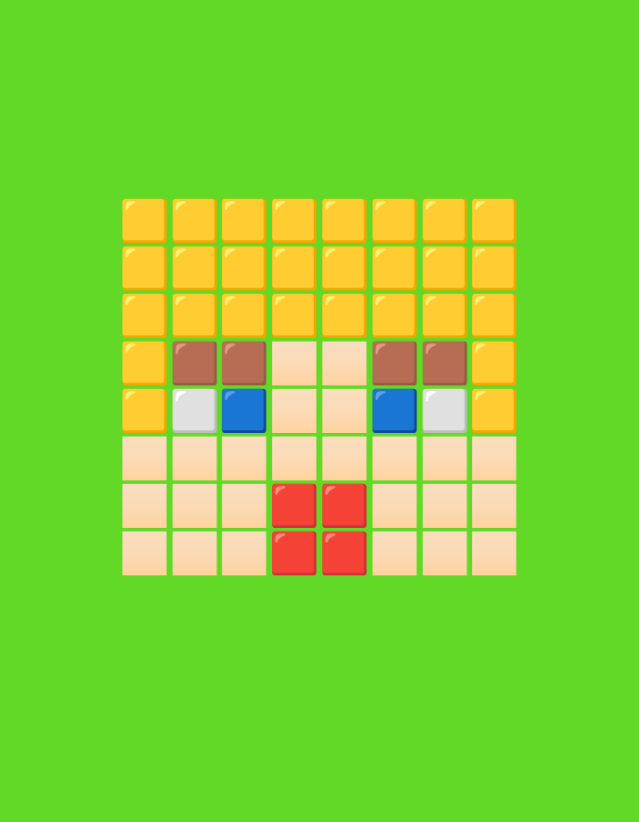 The image is a pixelated illustration of a cartoon face against a solid bright green background. The face is constructed from a grid of colorful squares. The top section, representing hair, is composed of yellow squares. Below the hair are squares forming the forehead and eyebrows, with some brown squares and white squares in these areas. The eyes are represented by two blue squares. Below the eyes are white squares forming the bridge of the nose and cheeks. The mouth is formed by four red squares arranged in a 2x2 formation. The entire illustration is centered on the green background. There are no people, actions, or interactions depicted, and the image does not contain any elements that would place it in a specific city like Duman, Indonesia.