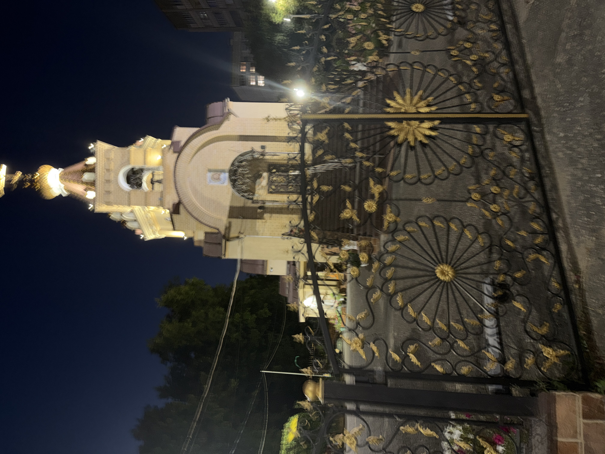 An outdoor, low-light, eye-level shot captures a church with a gold-domed steeple against a dark night sky. The church is made of light-colored brick and is illuminated by artificial lights, highlighting its architectural features. A wrought iron fence with ornate gold detailing, resembling sunbursts and floral patterns, stands in the foreground, partially obscuring the view of the church entrance and pathway. Trees are visible behind the fence, and a multi-story building can be seen in the background on the right. The scene appears to be in an urban setting.