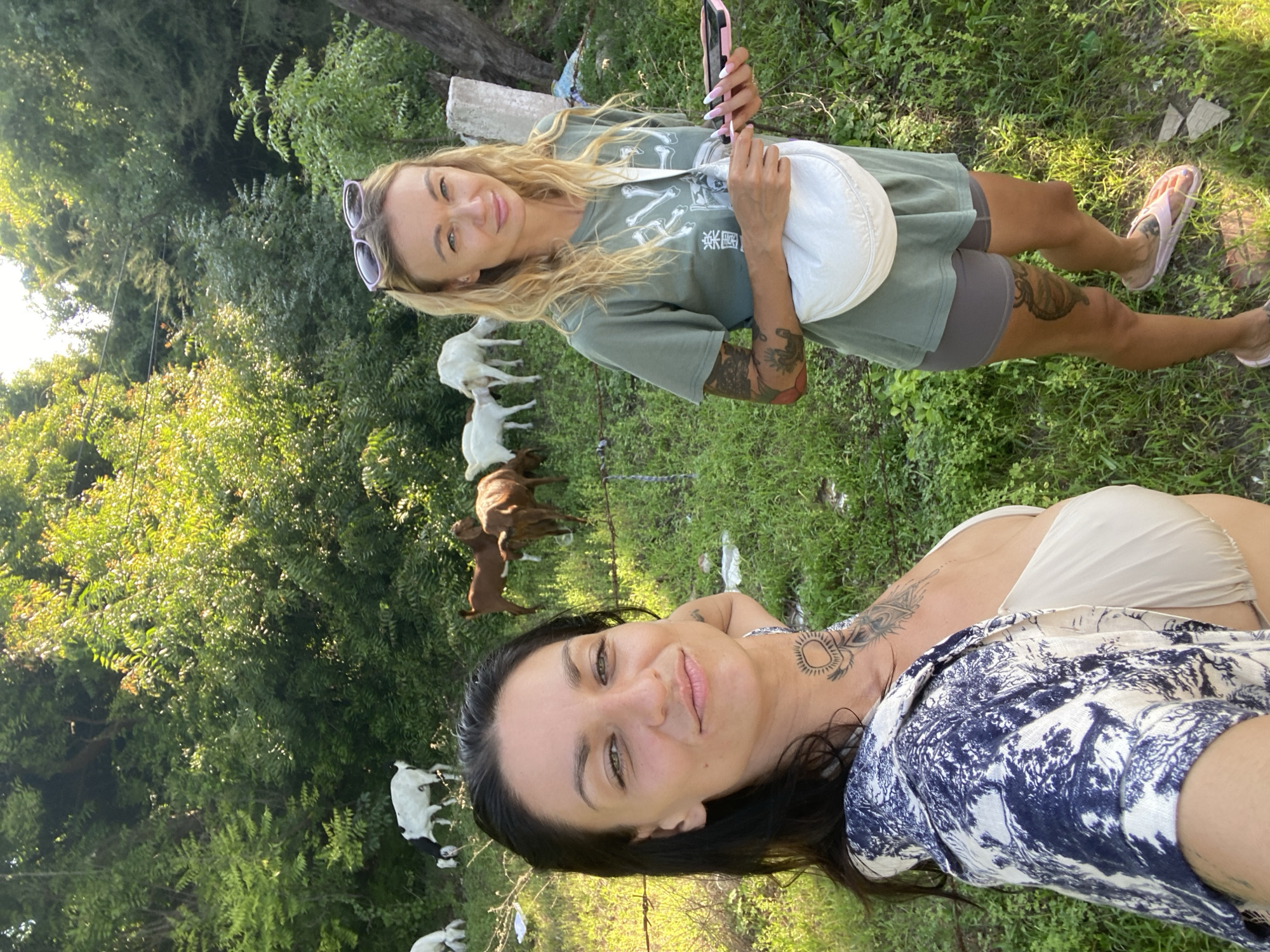 Two women are standing outdoors in a grassy area with trees in the background. The woman in the foreground is wearing a blue and white patterned shirt over a beige bikini top and has dark hair and tattoos. The woman in the background is wearing a green t-shirt, grey shorts, and pink flip-flops, and has blonde hair with sunglasses on top of her head. She is holding a pink phone. Several goats are visible grazing in the grassy area behind the women. The scene suggests a rural or semi-rural environment. There is no specific indication of this location being in Mũi Né, Vietnam.
