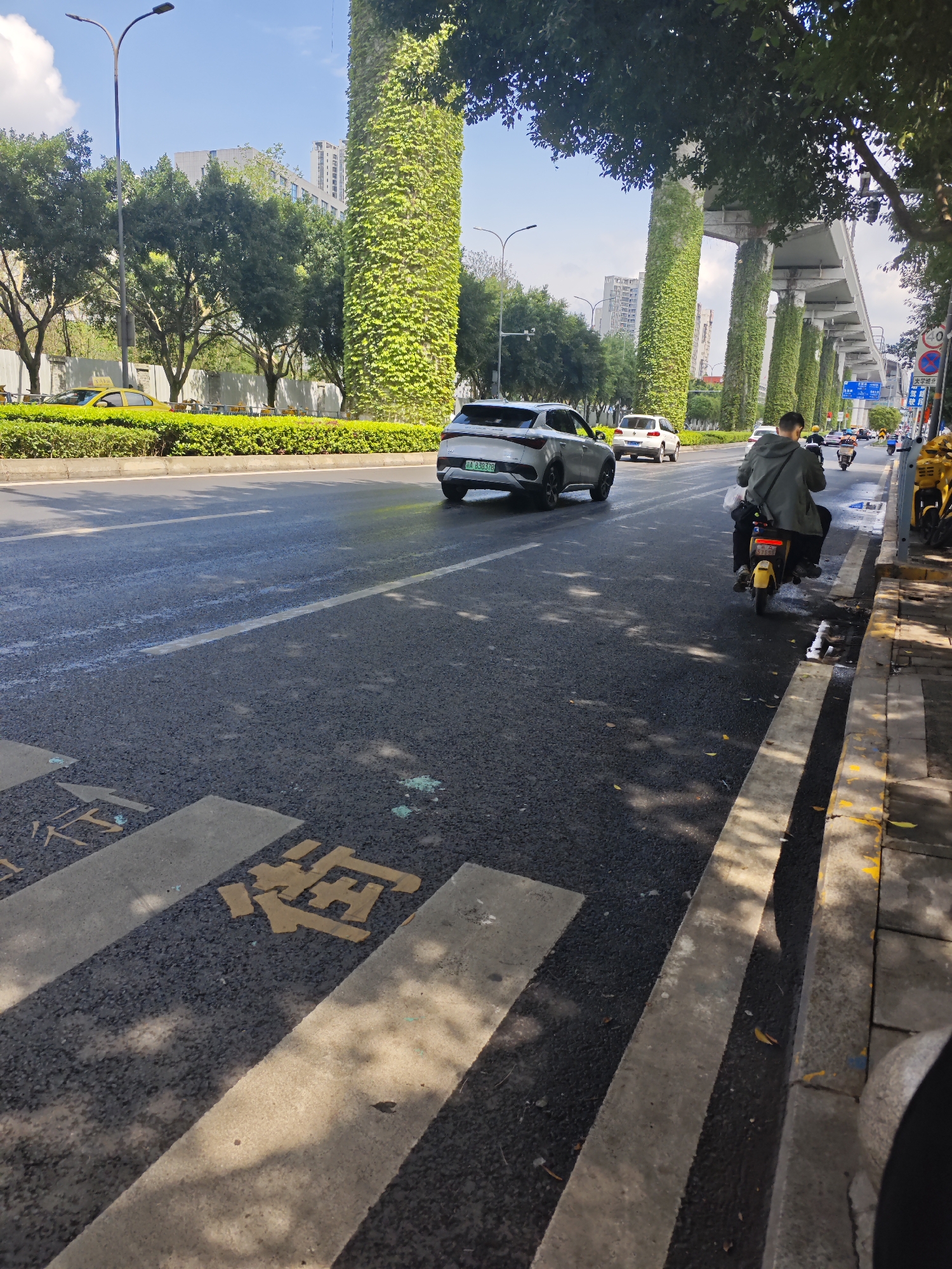 The image depicts a street scene in the Chongqing High-tech Zone, China, with a multi-lane road wet from recent rain. An elevated concrete structure with pillars covered in dense green foliage runs along the right side of the street. A silver car with license plate 渝A B38378 and a white car are visible traveling along the road. A man on a yellow scooter is driving along the right side of the road, close to the curb. A crosswalk with faded yellow markings is in the foreground. Trees and building structures are visible in the background. The sky is bright, suggesting it is daytime.