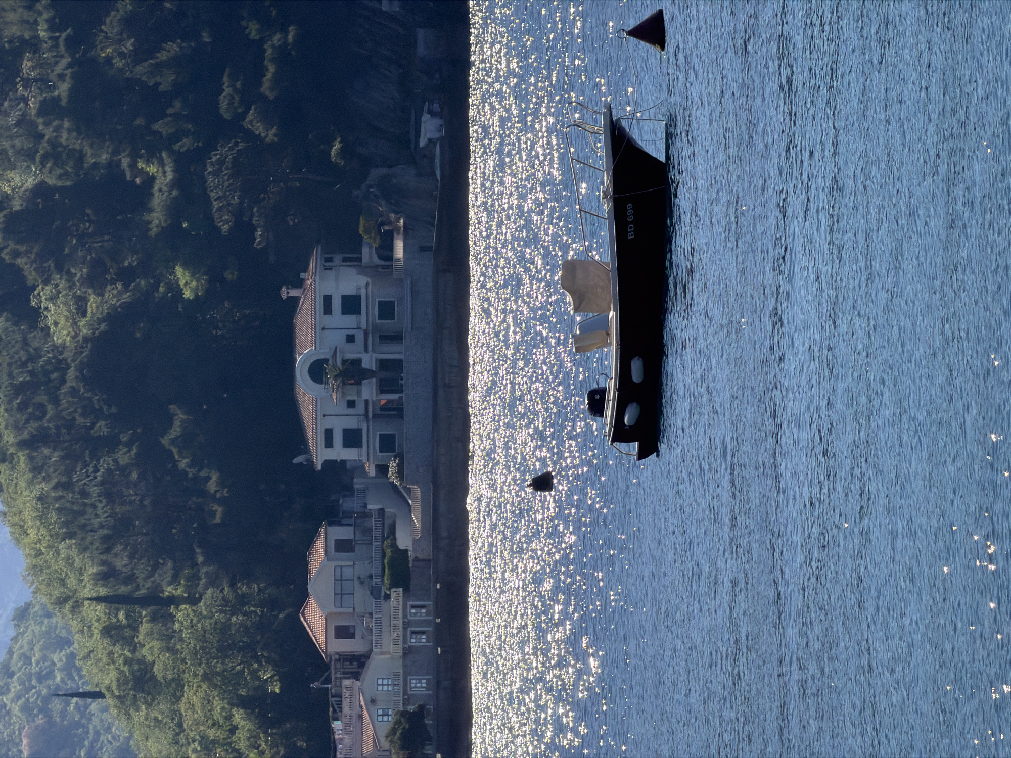 The image captures a view of the waterfront in Petrovac centar, Montenegro, with a boat in the foreground and residential buildings and forested hills in the background. The sea shimmers in the sunlight. The boat, marked with "BD 699," is tethered to a buoy. Several houses with red-tiled roofs and white facades are visible. A mountain densely covered with green vegetation rises in the background.