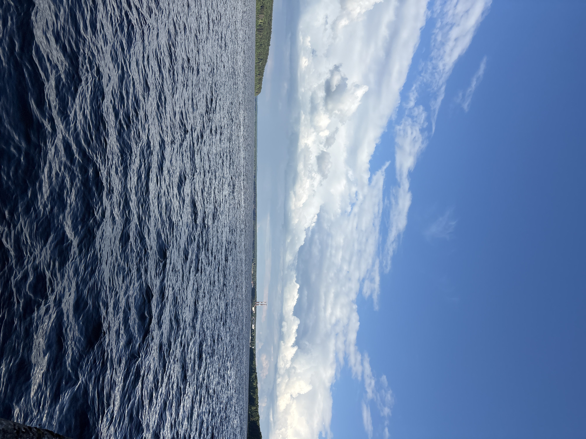 The correctly oriented image presents a broad landscape divided horizontally between a large body of water, a distant shoreline, and a vast sky. The foreground is dominated by dark blue water, covered in numerous small ripples and waves that reflect light, creating a textured surface with varying shades and highlights.
Across the horizon, a narrow band of dark green forest marks the distant shoreline. Above this tree line, a cluster of light-colored structures, possibly industrial chimneys or towers, is visible against the sky, suggesting human development in the distance. This detail, combined with the expansive water and forest, is consistent with the landscape around Chaikovsky, Russia.
The upper half of the image is filled with a bright, clear blue sky. Scattered white cumulus clouds of various shapes and sizes are spread across the sky, indicating fair weather. The scene is illuminated by natural daylight, suggesting it is late morning or early afternoon. No individuals or discernible text are visible in the photograph. The overall impression is one of natural grandeur with a subtle hint of distant human presence.