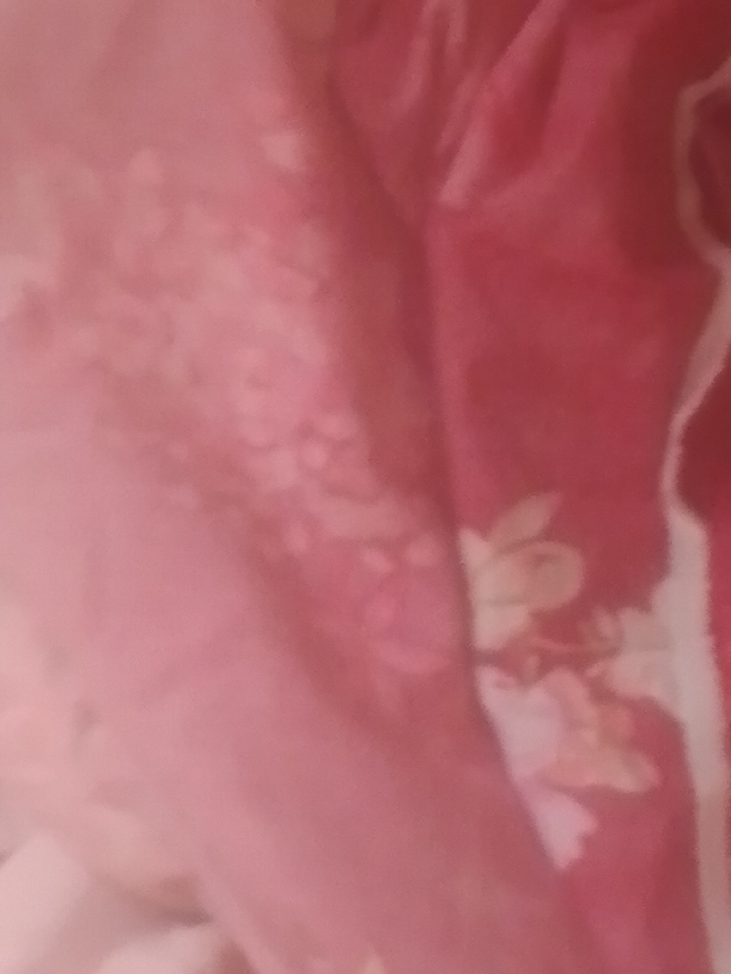 The image is a close-up, abstract shot of a pink and red patterned fabric, possibly a blanket or clothing. The fabric has a soft, slightly blurred texture with visible folds and creases, creating a play of light and shadow. The pattern appears to be floral or botanical, with lighter pink and white elements scattered across the darker pink and red background. There are no discernible people, objects, or environmental features that can be used to determine a location within Jauro Yinu, Nigeria. The image is devoid of any contextual information regarding the specific location.