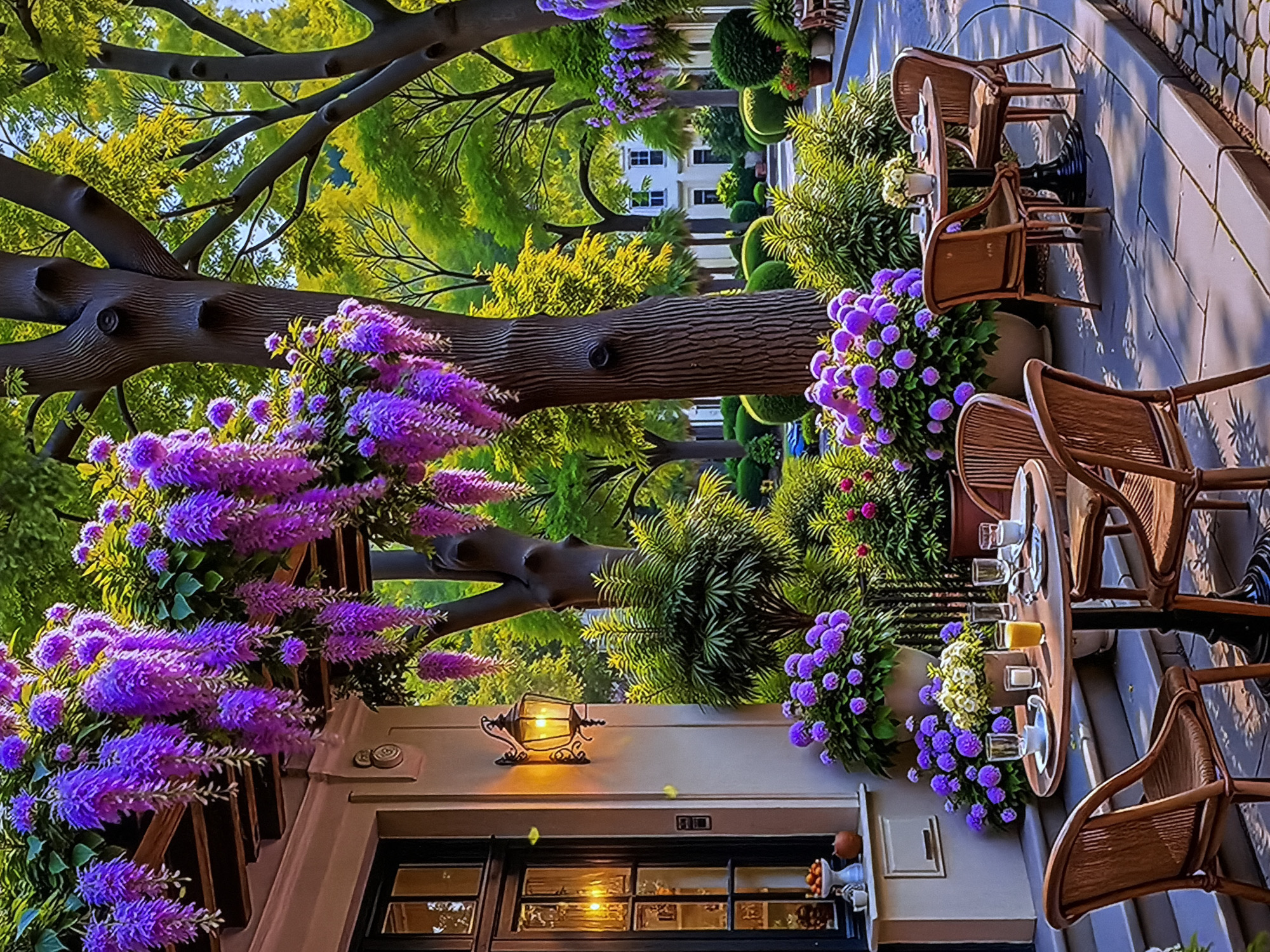 This vibrant image captures an inviting outdoor cafe or restaurant terrace set amidst lush greenery, likely in Sofiivska Borshchahivka, Ukraine. The scene is dominated by several round wooden tables, each accompanied by two to three elegant wicker chairs. The tables are thoughtfully set with drinking glasses, plates, and cutlery, with some featuring glasses of orange juice, suggesting readiness for guests or a recently concluded meal.
Large potted plants brimming with vibrant purple flowers, possibly lavender or salvia, and clusters of white flowers, add a rich splash of color and natural beauty throughout the seating area. A large, gnarled tree trunk with dark bark and extensive branches, adorned with bright green leaves, anchors the left side of the composition, extending into a canopy overhead. Numerous other trees and verdant bushes create a dense, garden-like backdrop, enhancing the tranquil atmosphere.
The warm glow from a wall-mounted lantern illuminates a section of the building facade, which features dark-framed windows. Long shadows stretch across the paved ground, indicating either an early morning or late afternoon setting with clear, sunny weather. The absence of people contributes to a serene and peaceful ambiance, inviting viewers to imagine a relaxing moment in this charming outdoor space. No visible text is present in the image.