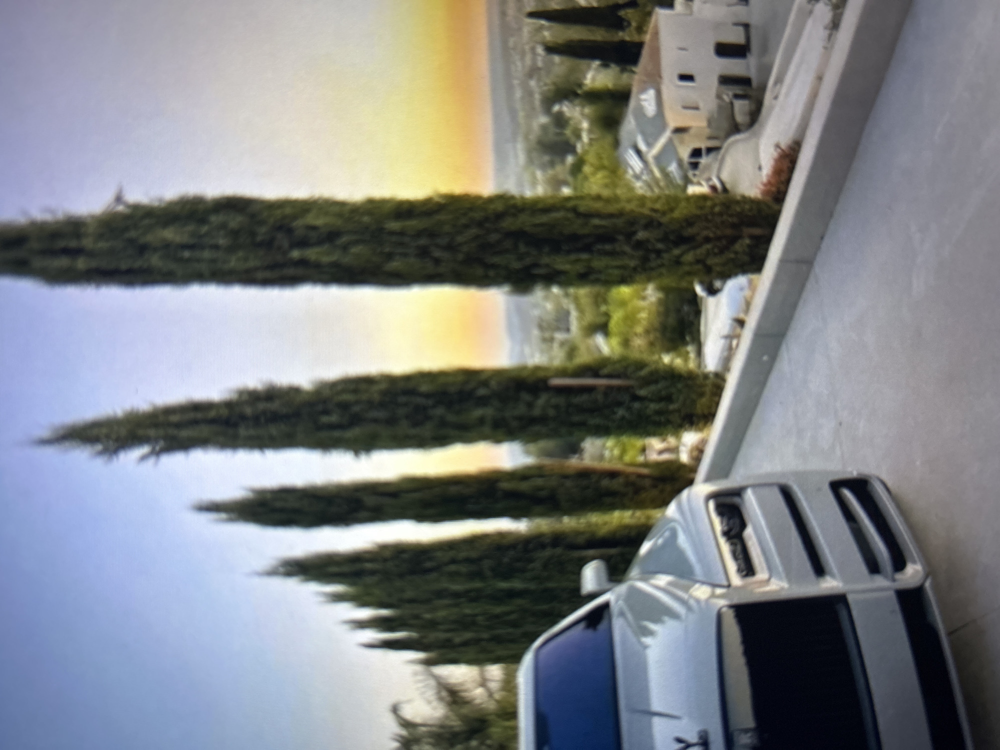 The image captures a light grey Rolls-Royce luxury vehicle, specifically its front-left section, parked on a light-colored paved surface. The vehicle exhibits a large, dark rectangular grille, integrated headlights, and horizontal front bumper elements; the base of the hood ornament is visible on the bonnet. A row of at least seven tall, dark green columnar cypress trees lines a concrete-like retaining wall to the right of the vehicle, establishing a linear perspective. The setting is identified as a hillside residential area within the city of Burgas, Bulgaria, overlooking a sprawling landscape of greenery and scattered buildings. The background features a horizon illuminated by warm orange and yellow hues, fading into a pale blue sky, indicative of either sunrise or sunset. Several multi-story houses with light-toned facades and varied roof types, including terracotta tiles and possibly solar panels, are visible across the distant terrain. No individuals are present in the scene.