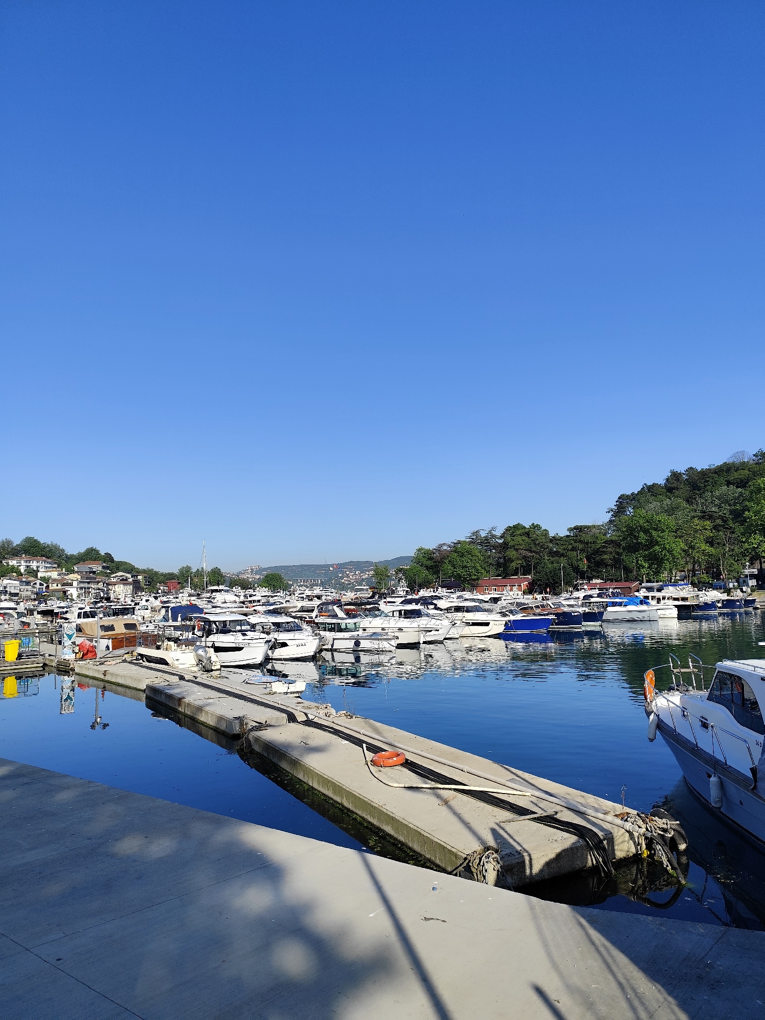 This vertical shot captures a vibrant marina scene in Sarıyer, Turkey, under a clear, intense blue sky. The tranquil harbor is bustling with numerous leisure boats and yachts of various sizes, predominantly white with some blue accents, all neatly docked along concrete piers.
The calm, deep blue water perfectly reflects the boats and the bright sky, contributing to the serene atmosphere. In the background, lush green hills rise, densely covered with trees, interspersed with scattered residential buildings. A faint outline of a large suspension bridge, characteristic of the Bosphorus, can be seen on the distant horizon, connecting two landmasses.
In the immediate foreground, a wide concrete walkway or dock, from which the photo is taken, shows shadows cast by unseen objects, indicating bright daylight, likely morning or early afternoon. Details such as ropes, fenders, and an orange life preserver are visible on and around the concrete piers and boats. Yellow bins are also noticeable near one of the docks.
No direct human activity is taking place, reinforcing the peaceful and calm mood of the scene. The boats appear to be at rest, enjoying the sunny weather. Visible text includes boat names such as "AYAS" and "CEMRE" on the hulls of some vessels. The overall impression is one of a picturesque and well-maintained maritime environment, bathed in clear sunshine.