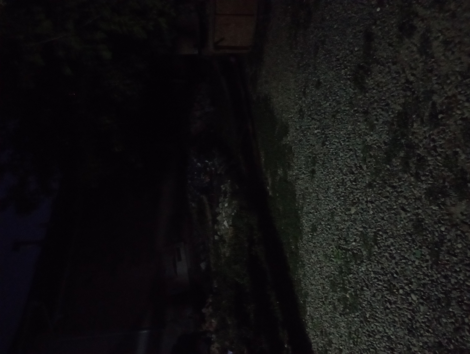 The image depicts a dark, outdoor scene, likely at night, with poor lighting conditions. In the foreground, there is a surface covered with gravel and scattered grass. The middle ground appears to be a mixture of overgrown vegetation and debris, with some visible pieces of what might be construction materials or trash. A dark, indistinct structure or wall runs along the background, partially obscured by shadows and darkness. To the right of the image, a wooden structure, possibly a bin or a small shed, is partially visible. The overall impression is one of an unkempt or neglected outdoor area. The location is identified as Osh City, Kyrgyzstan.