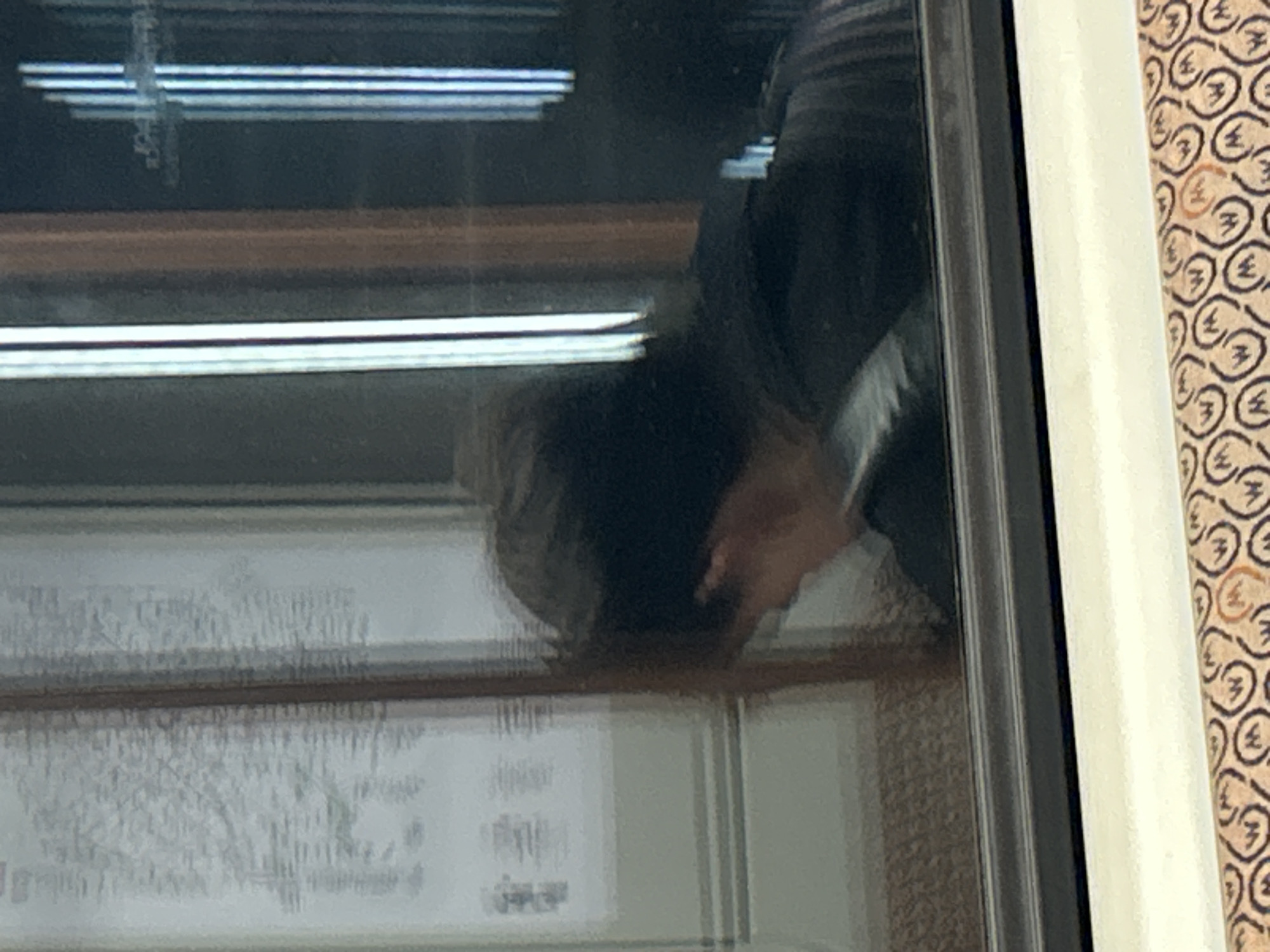 The image shows a reflection of a person with dark hair and what appears to be a gray shirt, visible in a glass surface, possibly a window. The reflection also shows a sign or document behind the glass, with text or images that are somewhat blurred and difficult to decipher. Outside the glass, a pattern that appears to be a wall covering with a repetitive design is visible. Light is reflecting off the glass surface, obscuring some details of the scene.