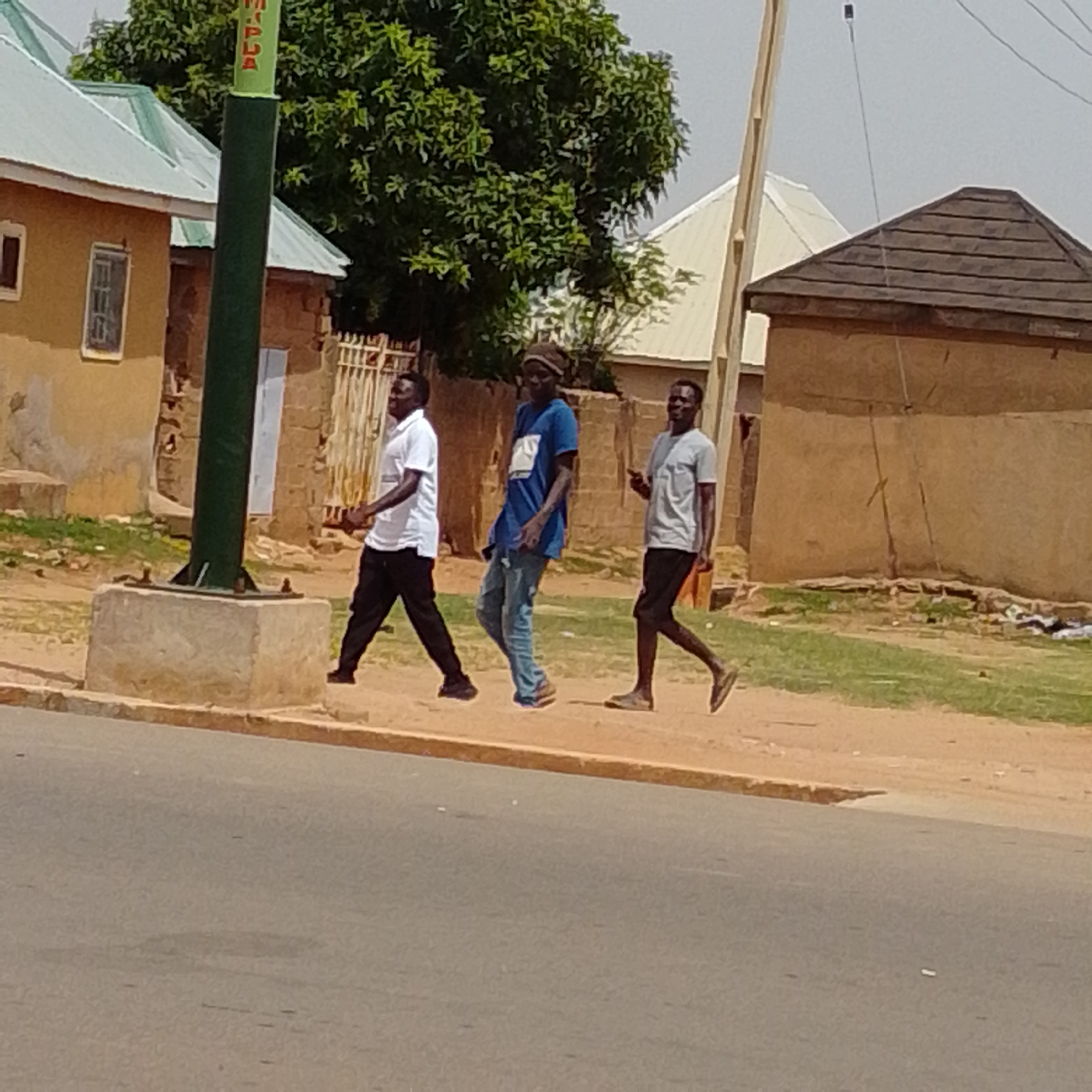 Three young men are walking across a dirt road in what appears to be a residential area of Gombe, Nigeria. The man on the left is wearing a white t-shirt and black pants, walking with his head turned to the left. The middle man is wearing a blue t-shirt, jeans, and a dark beanie, looking ahead. The man on the right is in a grey t-shirt and black shorts, looking to his right and holding a mobile phone. Behind them are buildings with corrugated metal roofs, typical of the region, and a large tree providing shade. A green pole, possibly a street sign or utility pole, stands prominently in the foreground. The ground is sandy and dry, with sparse vegetation. The sky is overcast, suggesting a typical day in Gombe. The overall scene depicts everyday life in a Nigerian town.