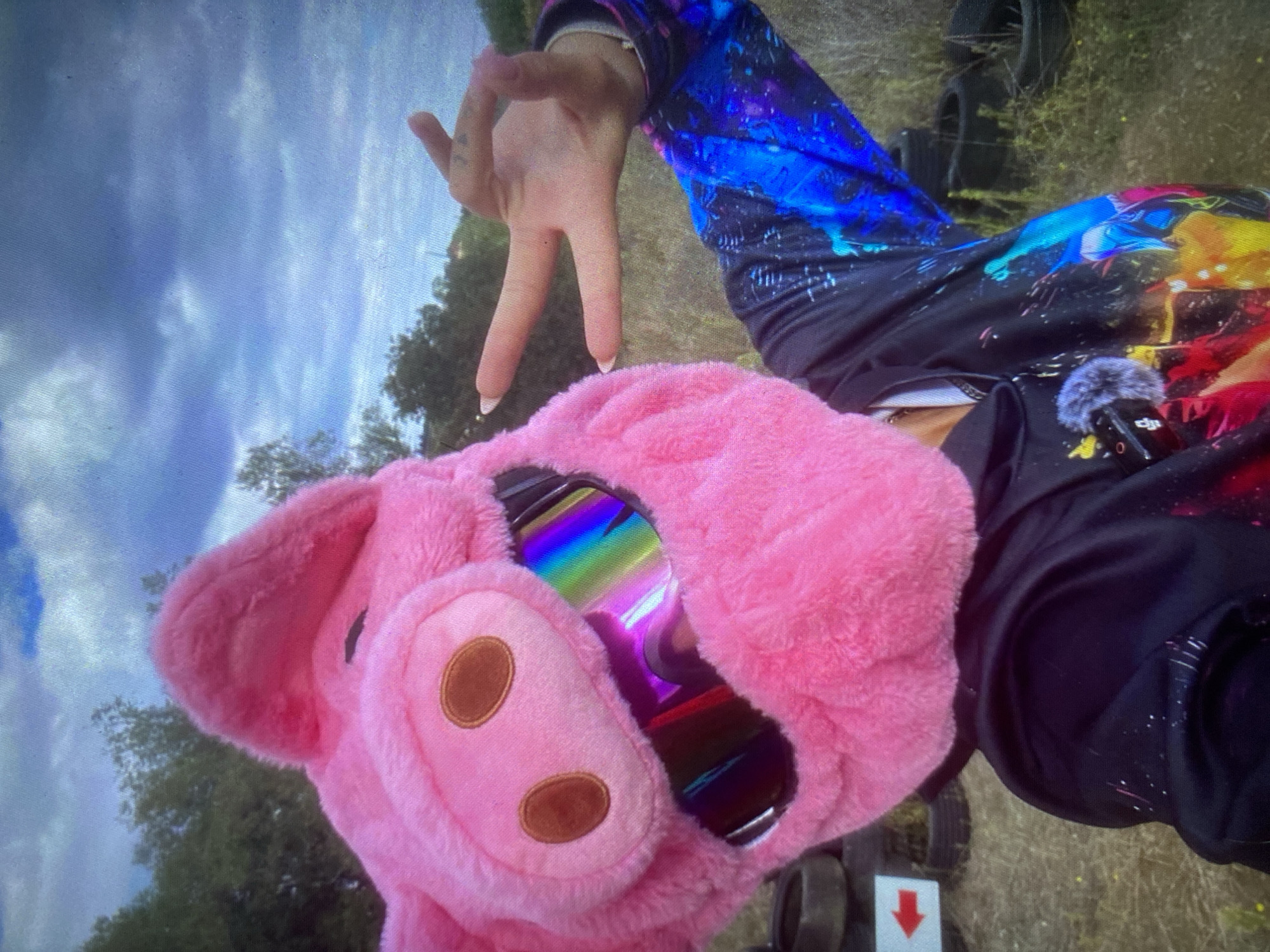 An outdoor, eye-level shot captures a person wearing a vibrant, eclectic outfit and a whimsical pig-themed helmet. The image is taken during the daytime under a bright, cloudy sky, with trees and foliage in the background.
The central figure's head is encased in a fluffy, soft pink pig helmet, featuring plush ears and two brown oval 'nostrils'. Covering the eyeholes of the helmet are highly reflective goggles or a visor, shimmering with a rainbow spectrum of colors. The person's right hand is raised, making a "V" sign with two fingers, revealing long fingernails with white tips.
The person's torso and arm are visible, clad in a long-sleeved shirt or jacket. The garment is dark-colored, possibly black, adorned with a dynamic, abstract pattern featuring splashes of bright blue, purple, yellow, and red, resembling a galaxy print or paint splatters. A small black device with a furry grey windscreen, likely a microphone, is clipped to the person's clothing near the shoulder area.
The background shows a grassy or dirt ground, with several old tires stacked or scattered to the right, suggesting a recreational or outdoor activity area, such as a karting track or off-road course. A partially visible white sign with a bold red downward-pointing arrow is also present on the ground to the lower left. The overall scene conveys a playful and energetic atmosphere.