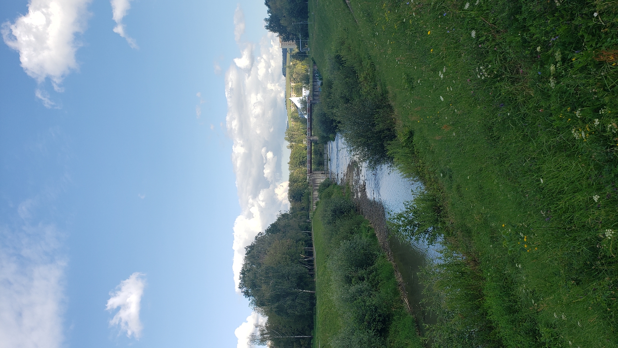 The image depicts a serene natural scene with a river flowing through a green, grassy area in Prešov, Slovakia. The river, with a rocky bed visible in some parts, is surrounded by lush vegetation and trees. A bridge spans the river in the mid-ground, with structures and buildings visible on the far side, suggesting the proximity of the urban area. The sky above is a clear blue, dotted with scattered white clouds, indicative of fair weather. The overall impression is one of a tranquil, picturesque landscape within or near the city.