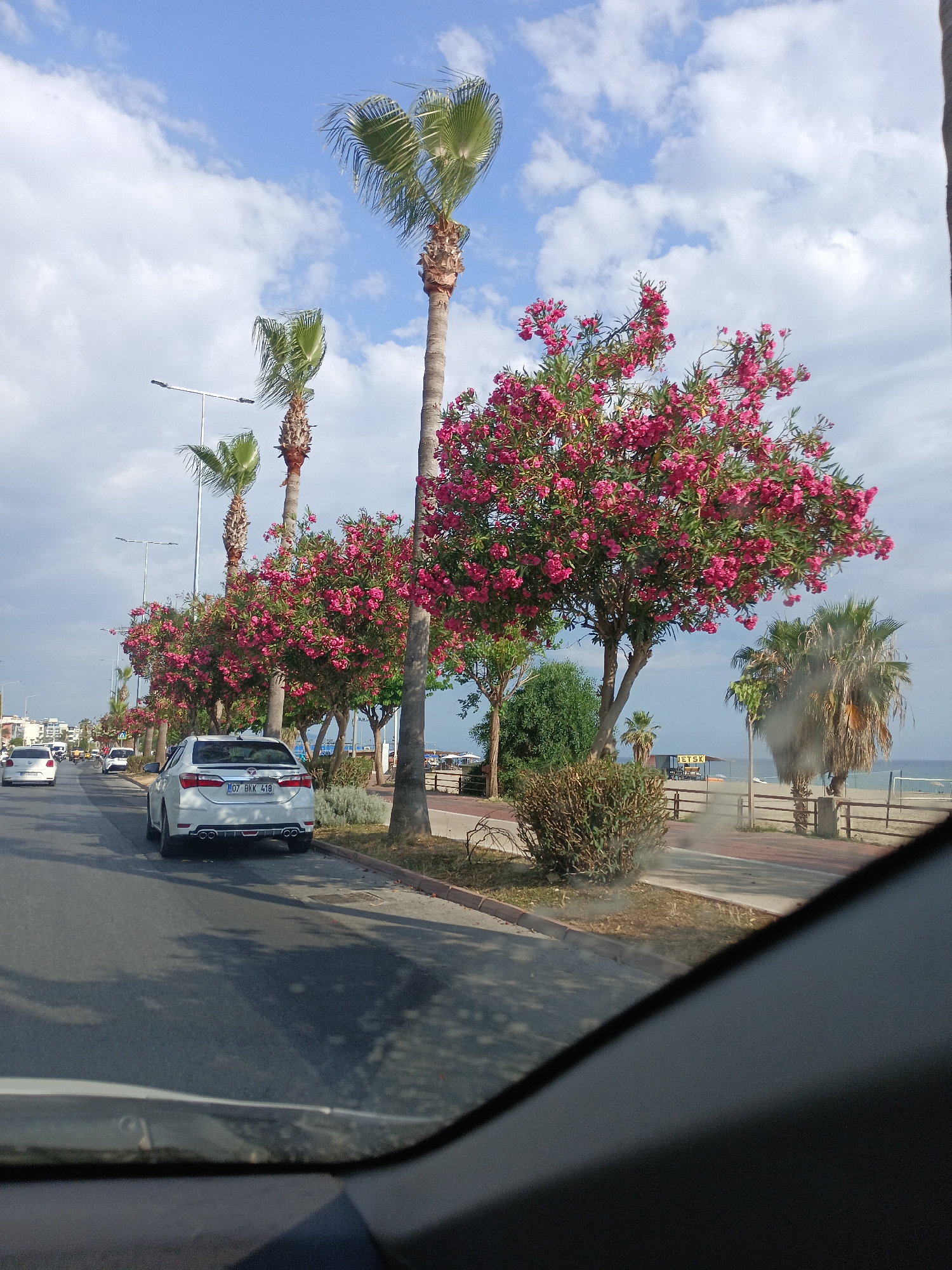 The image captures a scene along a road in Alanya, Turkey, likely a coastal area given the presence of palm trees and a hint of the sea in the background. The perspective is from inside a vehicle, looking out. A white sedan with the license plate "07 BKK 418" is parked on the right side of the road. The road is lined with a row of lush trees bearing vibrant pink flowers, interspersed with tall palm trees. In the distance, other vehicles are visible on the road, and the sky is a mix of blue with scattered white clouds. A wooden fence runs along the edge of the road, separating it from a sandy area that leads to the beach, where a volleyball net is set up. The overall impression is a bright, sunny day in a scenic, tropical-like urban environment.