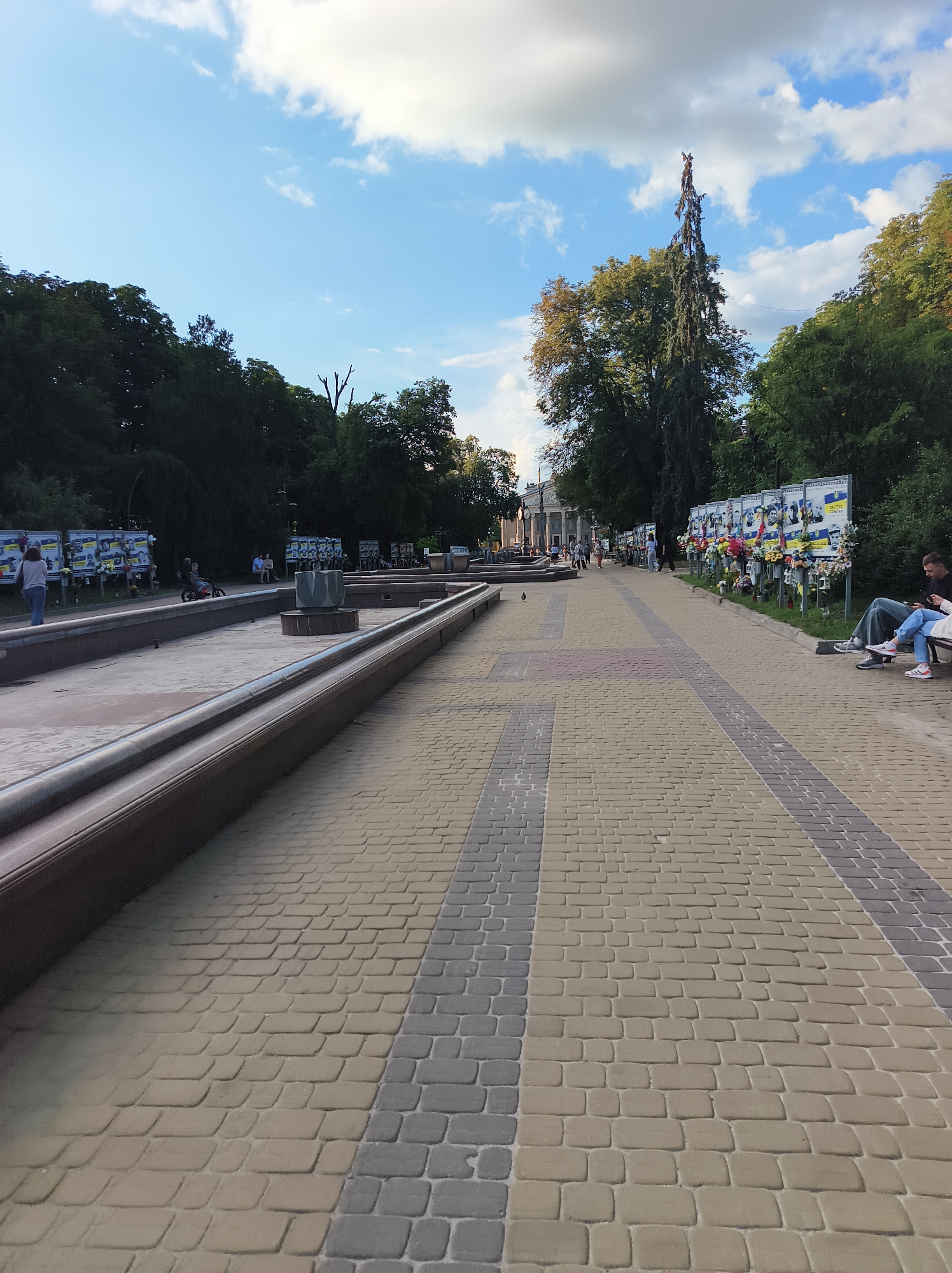 The image captures a view of a walkway in Ternopil, Ukraine, likely on a sunny day, judging by the shadows and the bright sky with scattered clouds. The walkway is paved with rectangular cobblestones arranged in a patterned fashion, with alternating bands of light brown and gray stones.
To the left of the walkway, there is a dry fountain with a decorative stone structure in its center. Beyond the fountain, a dark green line of trees forms a backdrop, with a tall, slender evergreen tree standing out. In the distance, a building with classical architecture and columns is visible.
Along the right side of the walkway, a series of boards are erected, displaying portraits and floral arrangements, suggesting a memorial or tribute. A young man is seated on a park bench, looking at his phone, dressed in a black t-shirt and blue jeans. Other individuals are seen walking in the background, some near the fountain and others further down the path. A pigeon is standing on the walkway in the foreground. The environment appears to be a public space, possibly a park or a square, with a somber yet serene atmosphere.