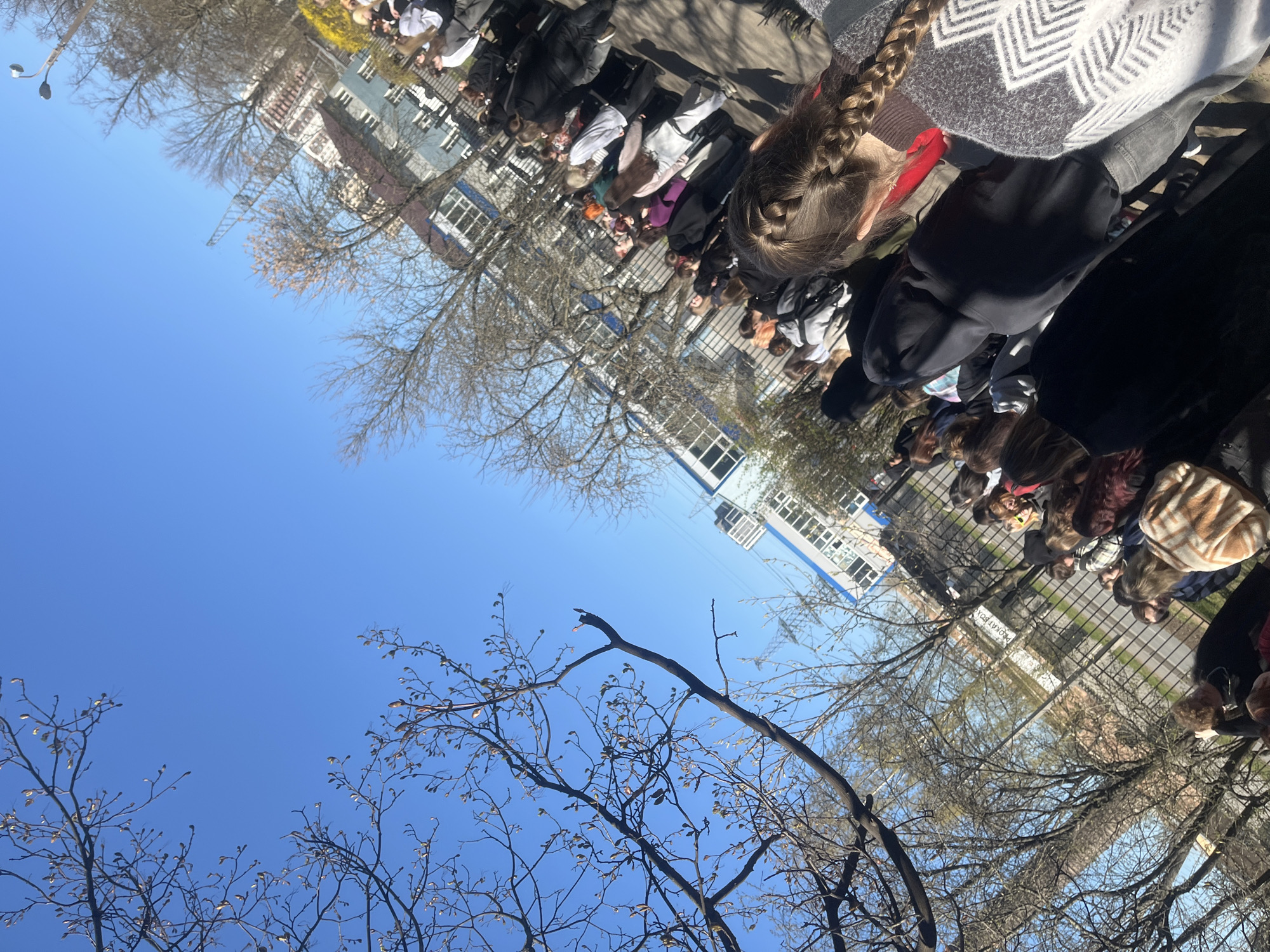 This outdoor image, taken in Saint Petersburg, Russia, captures a clear, sunny spring day. The scene depicts a gathering of numerous people, predominantly young adults or teenagers, standing on a paved area. In the immediate foreground, the back of a person's head with long, braided light-brown hair is visible, wearing a grey and white patterned sweater over a dark top.
The crowd extends into the midground, with individuals dressed in various casual outerwear like jackets, hoodies, and sweaters. They appear to be standing in an orderly fashion, generally facing away from the camera, suggesting they are attending an event, queuing, or observing something in front of them.
A black metal fence separates the immediate crowd from an area with more distant people and buildings. Beyond the fence, several bare deciduous trees, some showing very early buds, punctuate the scene. A prominent light blue building with numerous white-framed windows stands in the background, characteristic of urban architecture. Other buildings, including one with a reddish-brown section, are also visible. A lamppost is present on the far left.
The bright blue sky, clear and cloudless, indicates good weather. Strong sunlight casts visible shadows, suggesting it is midday or early afternoon. A notable detail is a sign affixed to the fence that reads "ПРОКАТ BOX," which translates to "RENTAL BOX" in Russian. The overall atmosphere appears calm and collected, with no strong emotions discernible from the backs of the subjects.