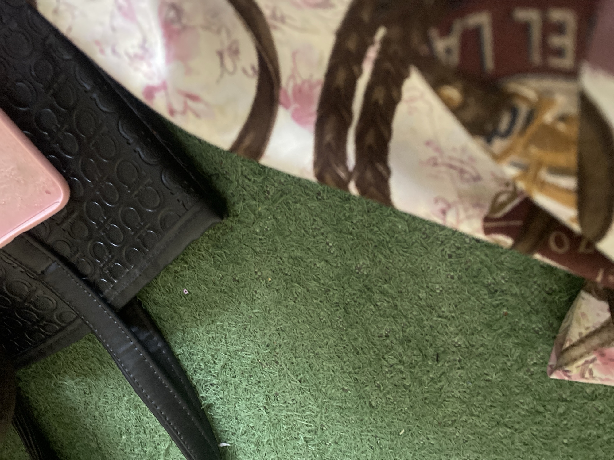 The image depicts an outdoor scene, possibly a yard or pathway covered in artificial turf, suggesting an urban or semi-urban environment. In the foreground, a close-up view reveals a black leather handbag with a repeating embossed pattern. A pale pink object, possibly a phone or a wallet, rests on top of the handbag. The background is a soft-focus display of a patterned fabric, exhibiting floral motifs in shades of pink and white, overlaid with brown bands. Text is visible on this fabric, reading "ELLA". The overall impression is a still life arrangement of personal items on a green surface. The location is identified as Jauro Yinu, Nigeria.
