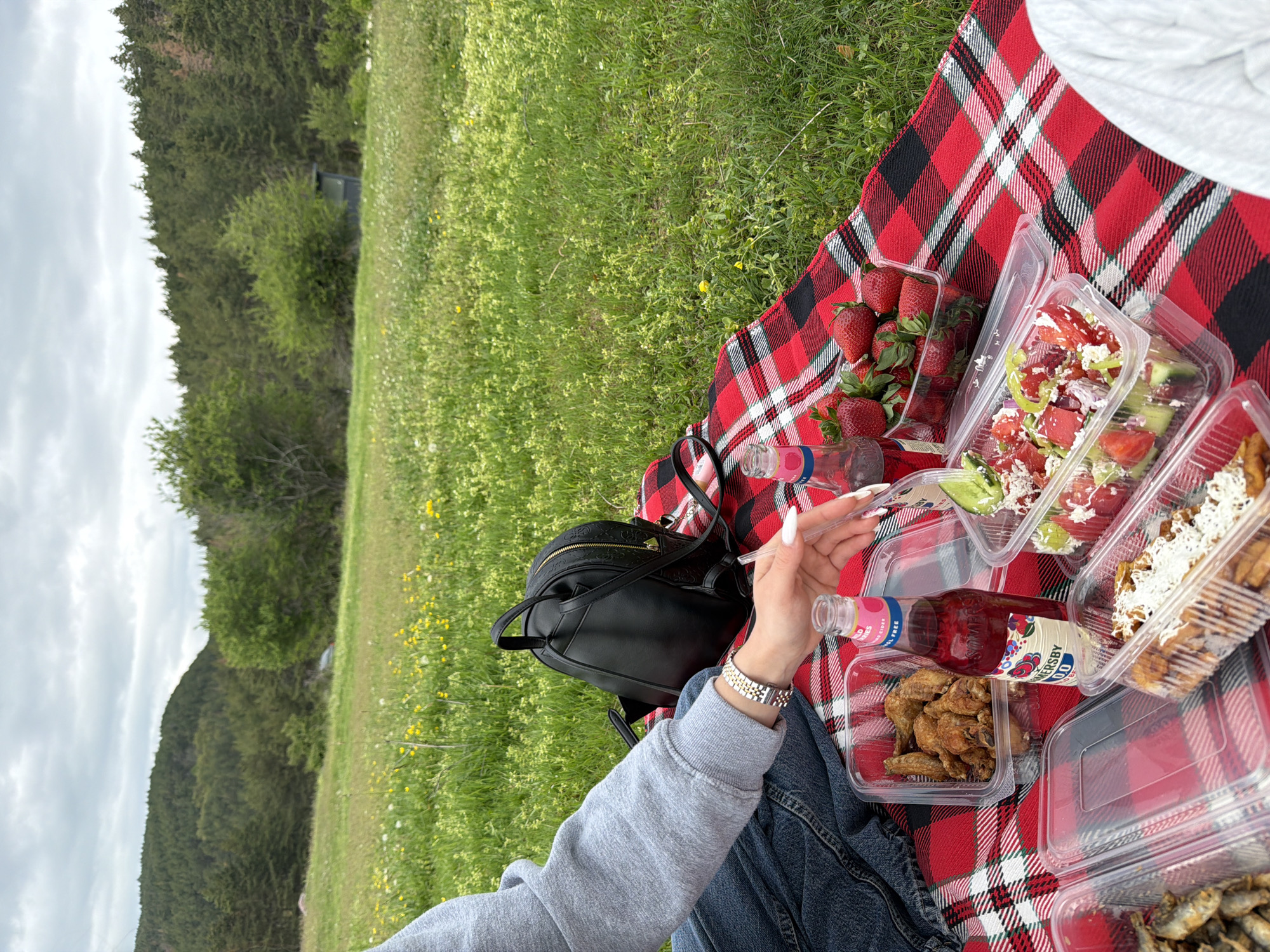 The image shows a picnic spread on a red and black plaid blanket in a grassy field. In the background, there's a view of trees and cloudy skies, suggesting an outdoor setting. On the blanket are several clear plastic containers holding food: strawberries, a salad with tomatoes and feta, fried chicken, and fried fish. There are also two bottles of Somersby cider. A woman's arm is visible, wearing a gray sweatshirt and jeans, with a watch on her wrist, holding a straw and a bottle of cider. A black backpack is near the edge of the blanket. The location appears to be in a natural environment, possibly in the vicinity of Sofia, Bulgaria, given its natural setting of a lush grassy field, a densely forested landscape, and variable overcast sky conditions, which are consistent with the climate and terrain of Bulgaria.