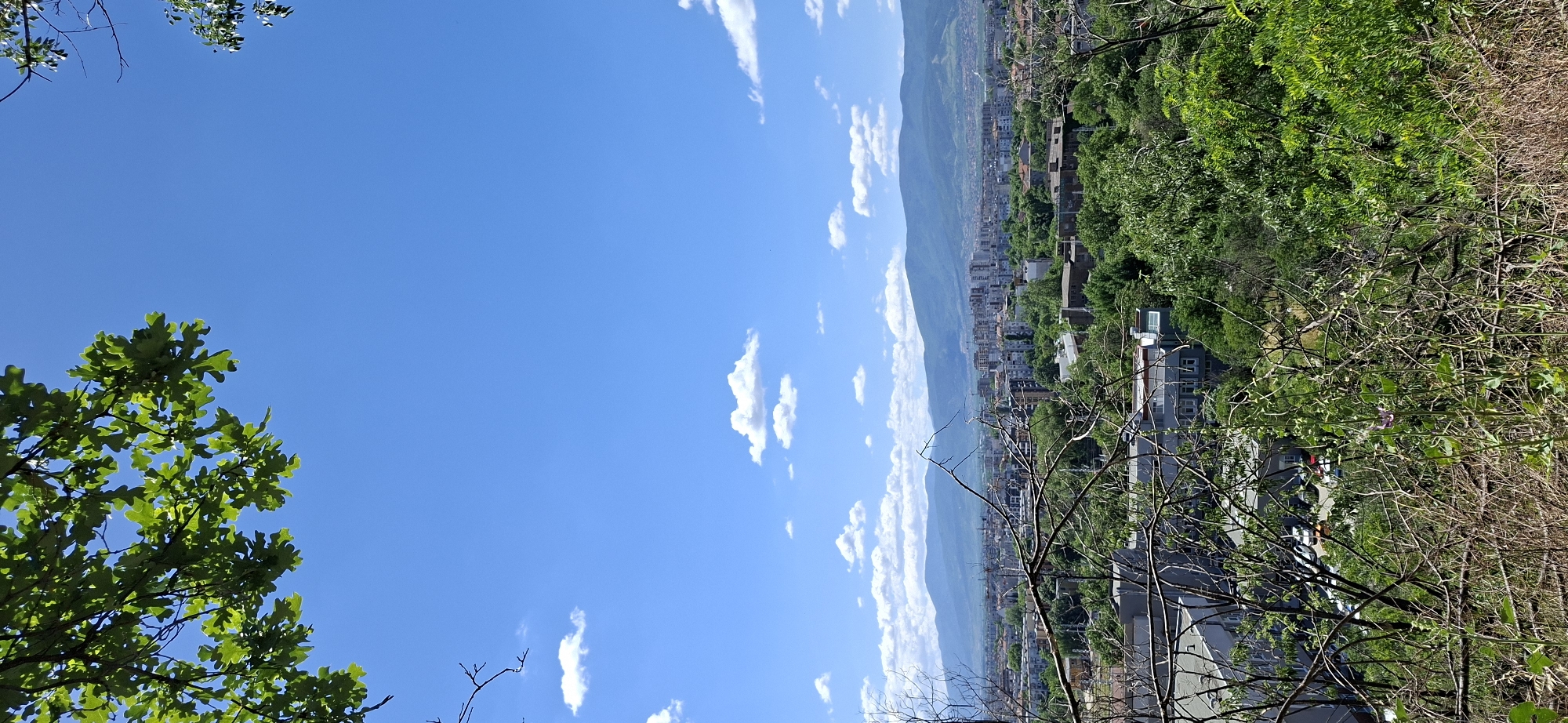 The image shows a view from a slightly elevated position looking towards the city of Plovdiv, Bulgaria, likely taken from a wooded area. The sky is blue with scattered white clouds. A mountain range is visible in the distance. The city is visible in the mid-ground, with various buildings and structures. Tree branches and foliage, both green and brown, are in the foreground, framing the scene. The image has been taken from a sideways angle and needs to be rotated to be correctly seen.