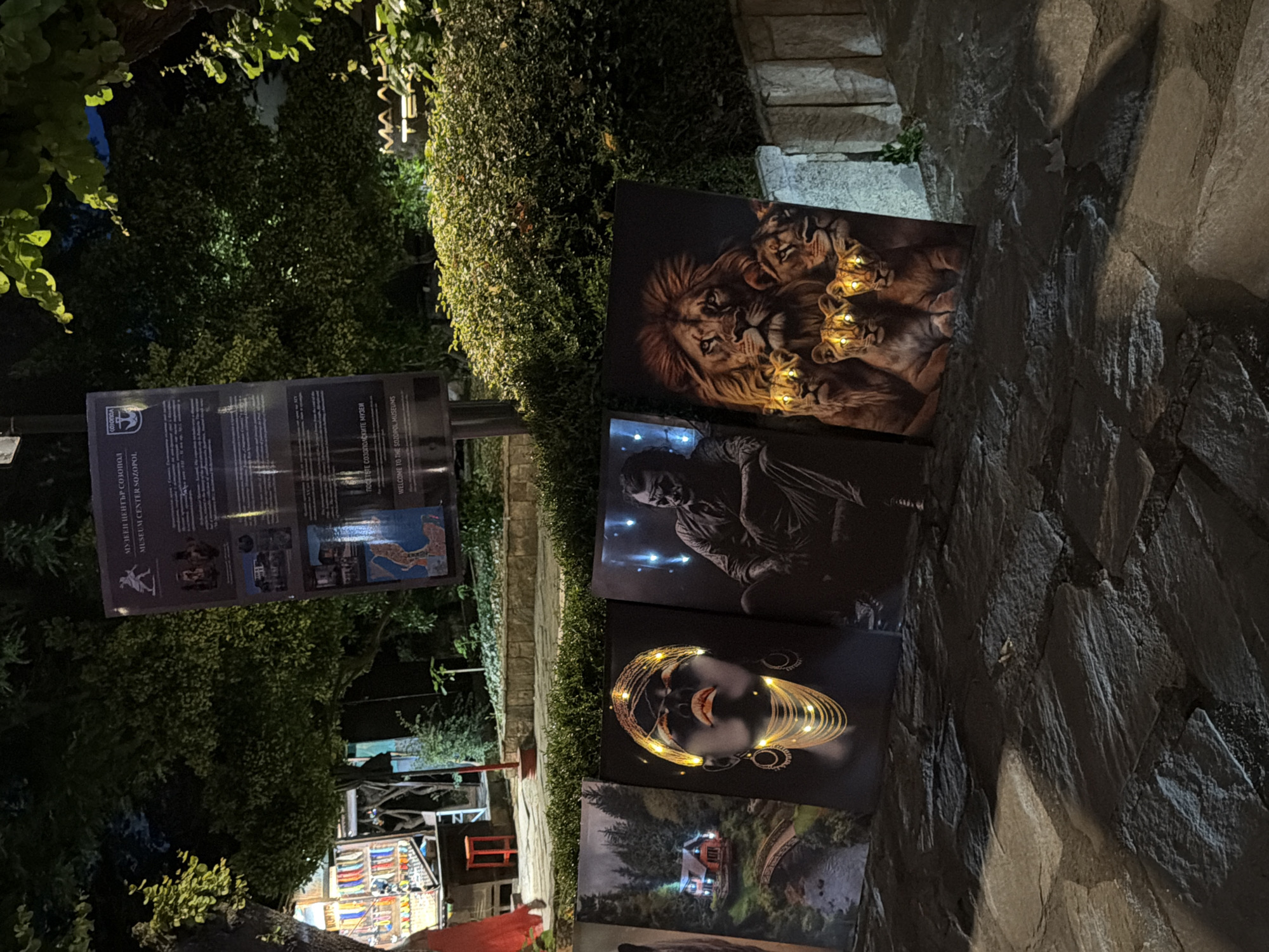 In Sozopol, Bulgaria, at night, several canvas prints are displayed on a stone pathway. The prints depict a variety of subjects, including a rustic cabin with a bridge, a stylized portrait of a woman adorned with golden jewelry and lights, a dark silhouette of a person, and a family of lions. Behind the prints, a large informational sign about the Museum Center Sozopol stands illuminated by ambient light. Trees and bushes form a lush backdrop. To the right, partially obscured by foliage, are illuminated signs that appear to read "MAAR TE". A person in a red garment is visible in the background near a stall.