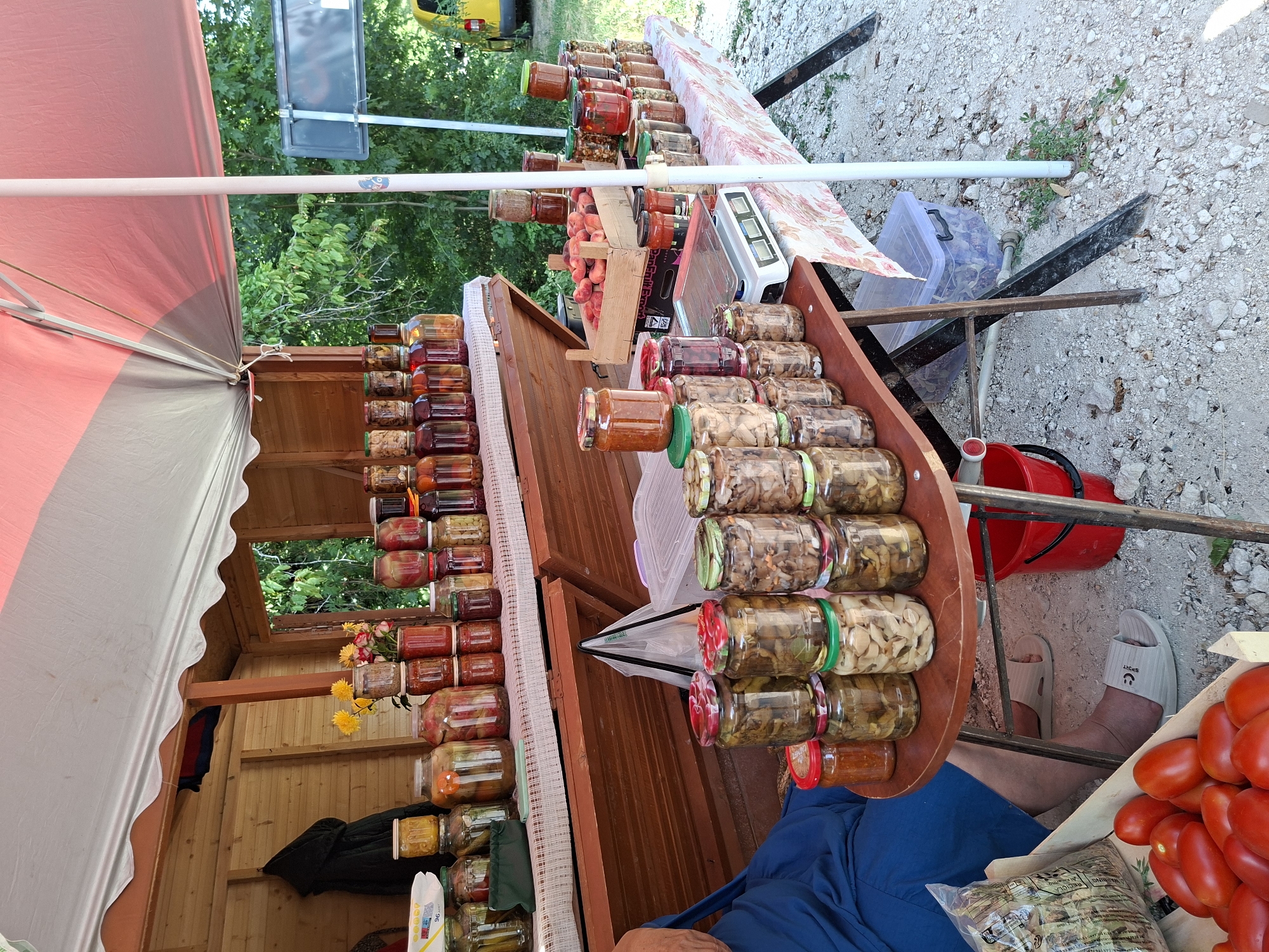 The image depicts an outdoor market stall in Scoreni, Moldova, on a sunny day. The stall is set up under a red and grey awning, supported by a white pole. In the foreground, a person wearing a blue garment and grey sandals is seated on the left. In front of them is a wooden crate filled with ripe red tomatoes. To the right, a red bucket is visible.
The stall itself features several tables laden with jars of preserved food. The top shelf displays jars of pickles, jams, and other preserved fruits and vegetables. A bouquet of yellow flowers is also placed on this shelf. The lower tables are stacked with more jars, predominantly containing preserved mushrooms and what appear to be pickled vegetables. A digital scale is placed on one of the lower tables. A wooden crate filled with peaches is also visible on the table.
In the background, there is a wooden market structure and lush green trees. A sign is partially visible in the distance, and a yellow vehicle can be seen parked further away. The ground is covered with gravel and small stones. The overall scene suggests a vibrant local market offering homemade preserved goods.