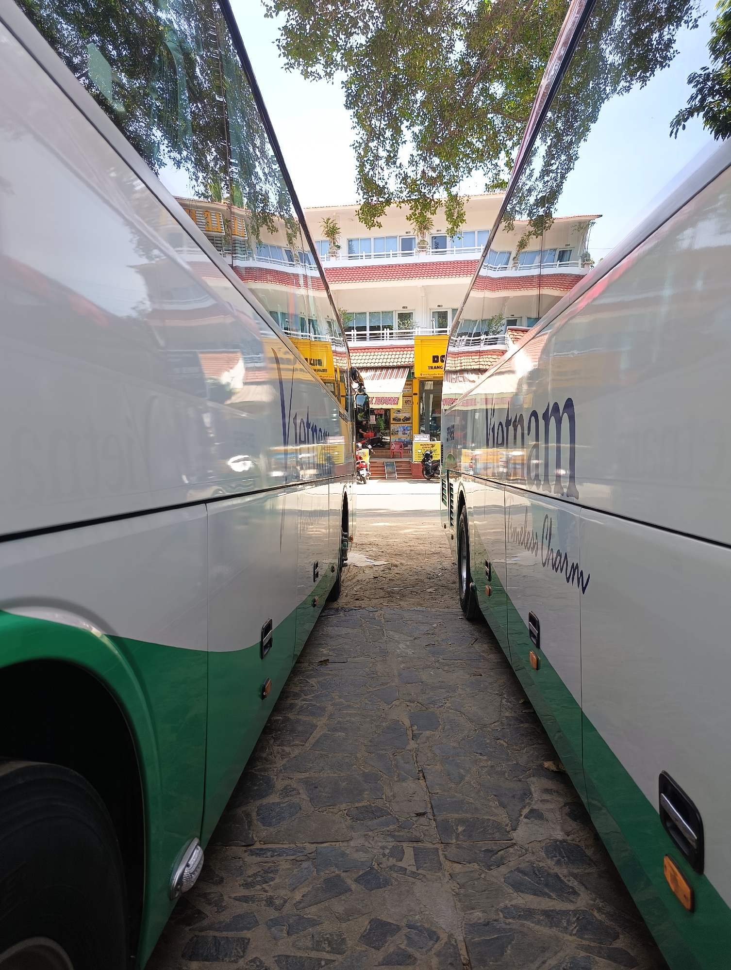 The image shows two white tour buses parked parallel to each other on a stone-paved pathway. The buses have a green stripe along the bottom and "Vietnam Timeless Charm" is written in blue lettering on the side of the bus on the right. The buses are parked in front of a yellow building with red-tiled roofs and balconies, possibly a hotel or a tour agency. Trees with green foliage are visible overhead, casting shadows on the buses. The sky is bright blue and appears to be a clear day. In the background, there are some parked motorcycles and people walking, suggesting a busy area in a city. The scene is likely in Phu Thuy Ward, Vietnam, as indicated by the text on the bus.