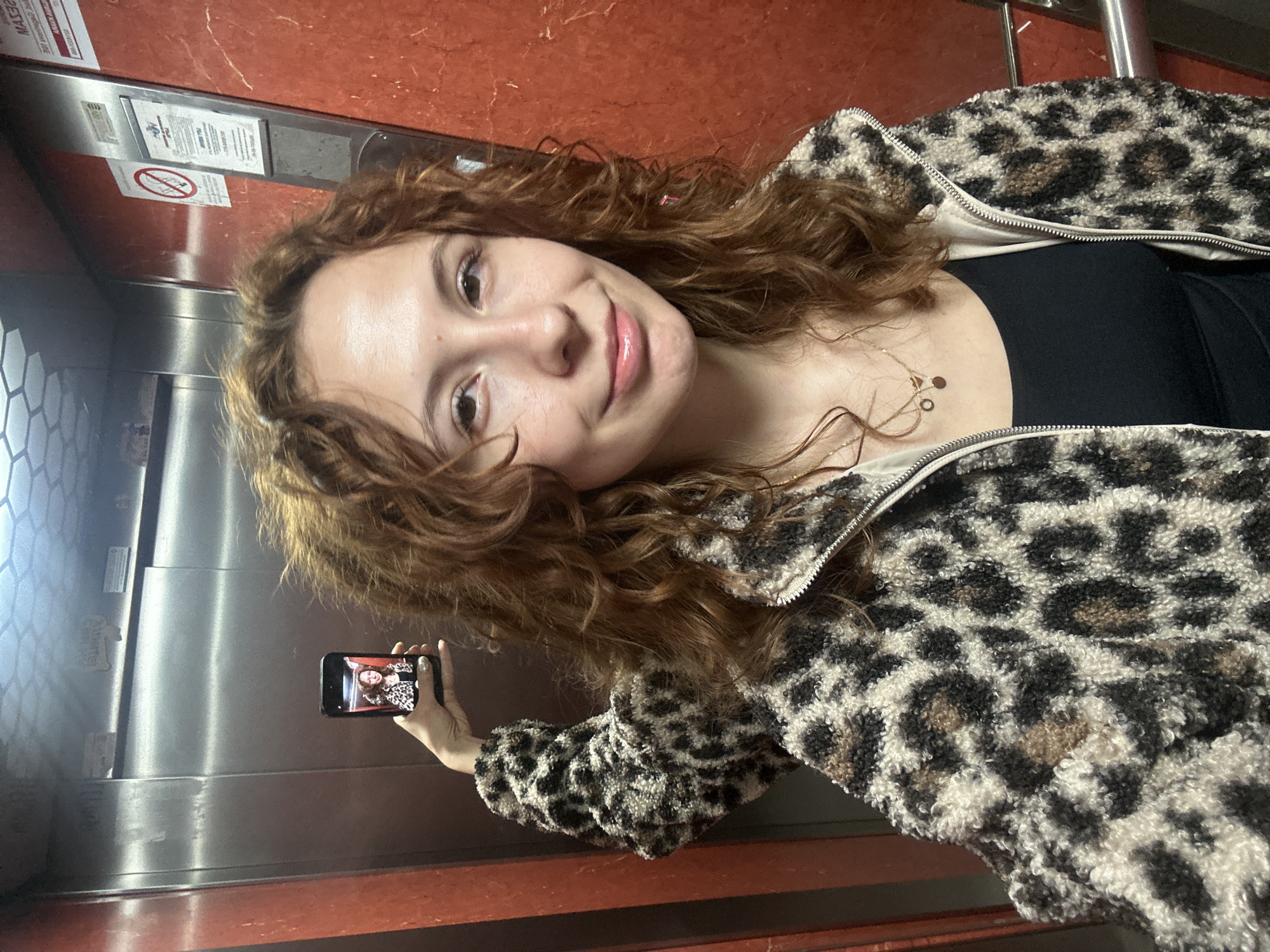A young woman with curly red hair poses in an elevator. She is wearing a black top and a leopard print jacket. She holds a smartphone in her left hand, displaying a picture of herself. The elevator has stainless steel walls and an orange-red accent panel. The location is Novi Sad, Serbia.