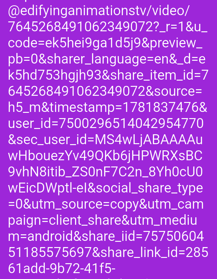 The image displays a screenshot of text on a purple background. The text appears to be a URL with various parameters, including identifiers, codes, and timestamps. There is no discernible content related to the city of Jos, Nigeria, or any people, subjects, objects, actions, interactions, or environment.