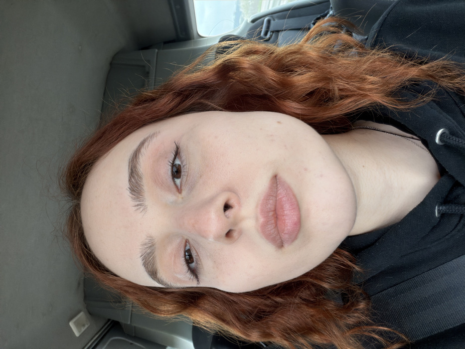 A young female subject with reddish-brown, wavy hair, fair complexion, and brown eyes is depicted in a close-up, direct-gaze portrait. She wears a black hooded sweatshirt and a thin dark necklace, with a black vehicle seatbelt diagonally traversing her left shoulder and chest. Her expression is neutral, featuring subtly full lips and a minor crease near the tip of her nose. The environment suggests she is seated within a vehicle, identifiable by a grey, textured interior ceiling and a blurred exterior view through a window on the right, revealing a green landscape and what appears to be a road or highway, indicating motion. This scene is located in the city of Toul, France.