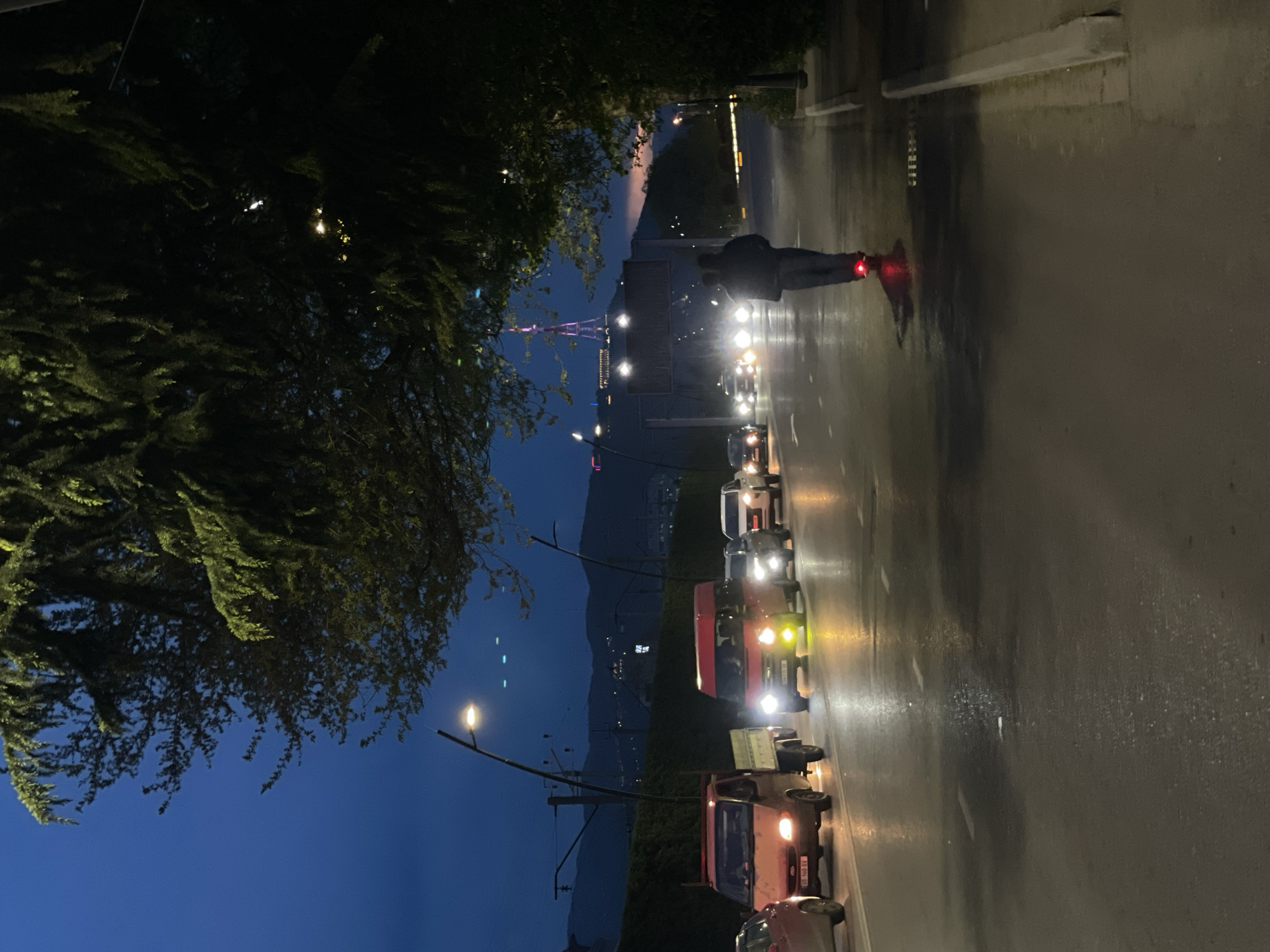A rotated, wide-angle image captures an urban street scene at dusk or night in Tbilisi, Georgia. On the left, a large, dark green tree dominates the foreground, its foliage silhouetted against the dark blue twilight sky.
The main subject is a wet road, reflecting the bright headlights and warm glows of multiple vehicles. A line of cars, including a red pickup truck with the visible Georgian license plate "LB 108 BT", appears to be in traffic, stretching into the distance. Streetlights with warm, yellow-orange glows illuminate parts of the road and trees.
On the right side of the road, a person walks away from the camera, their movement highlighted by distinctive red lights on their heels or shoes. A concrete barrier or wall runs along the right edge of the street.
In the mid-ground and background, distant mountains are silhouetted against the horizon, dotted with scattered city lights. A prominent, illuminated communication tower, characteristic of the Tbilisi TV Tower, stands out in the distance with magenta lighting, confirming the location. The wet road surface suggests recent rain, adding reflections to the night scene.