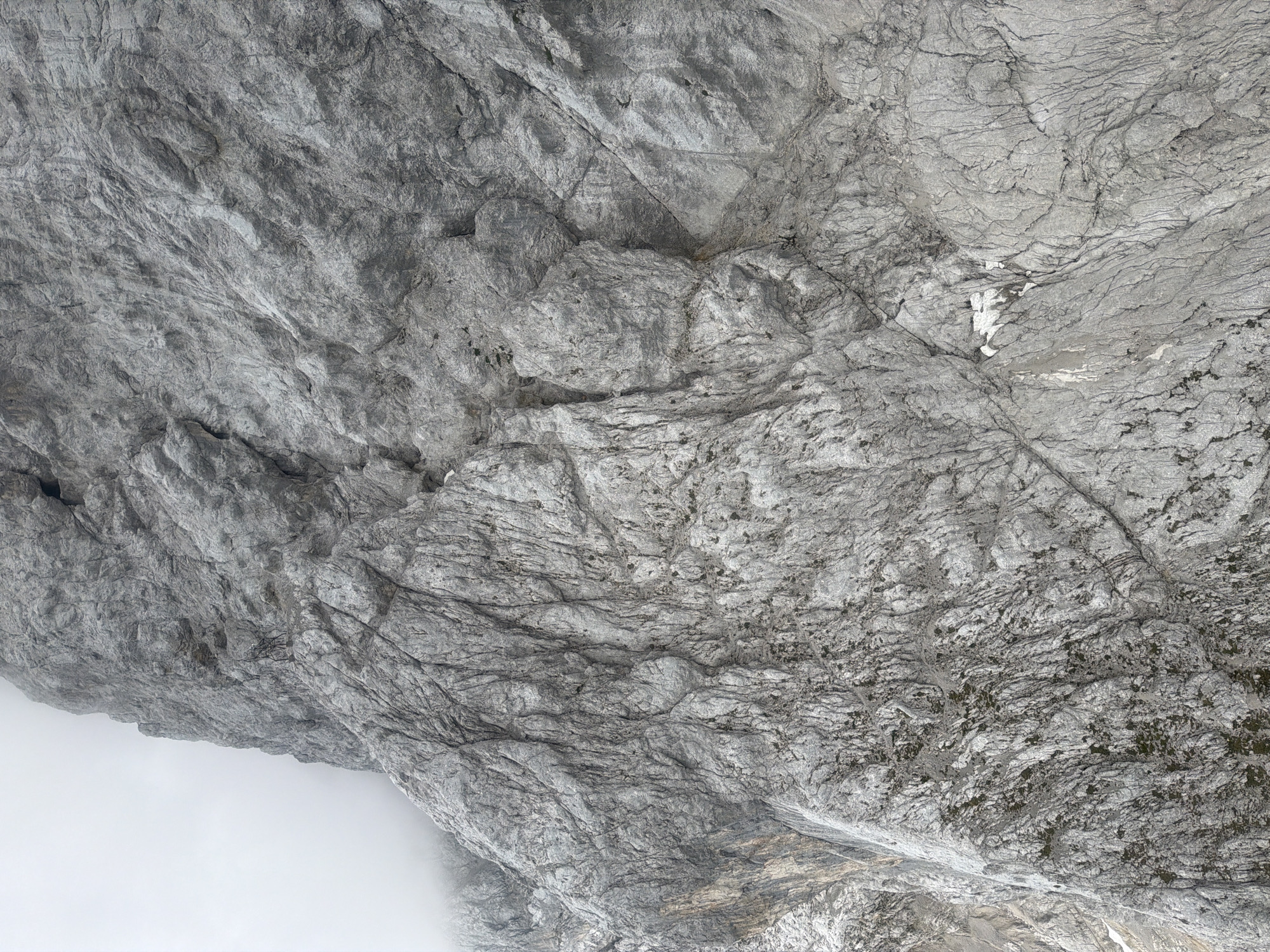 This media file is a close-up, high-angle, and vertically oriented shot of a textured, grey rock face. The rock exhibits a rough, uneven surface with numerous cracks, fissures, and layered formations, suggesting it is part of a mountain or cliff. Some patches of dark, possibly mossy or lichen-covered, material are visible on the rock. In the lower left portion of the image, a dense white fog or cloud obscures the lower part of the rock face and the area beyond, creating a stark contrast with the detailed texture of the stone. The lighting appears to be diffused, consistent with overcast or foggy conditions, and there are no visible shadows indicating a specific time of day. The overall mood is stark and somewhat imposing due to the scale of the rock and the limited visibility. No people, objects, or text are present in the image. Given the location context of Grainau, Germany, this is likely a view of a rock face in the Bavarian Alps, possibly during foggy weather which is common in mountainous regions.