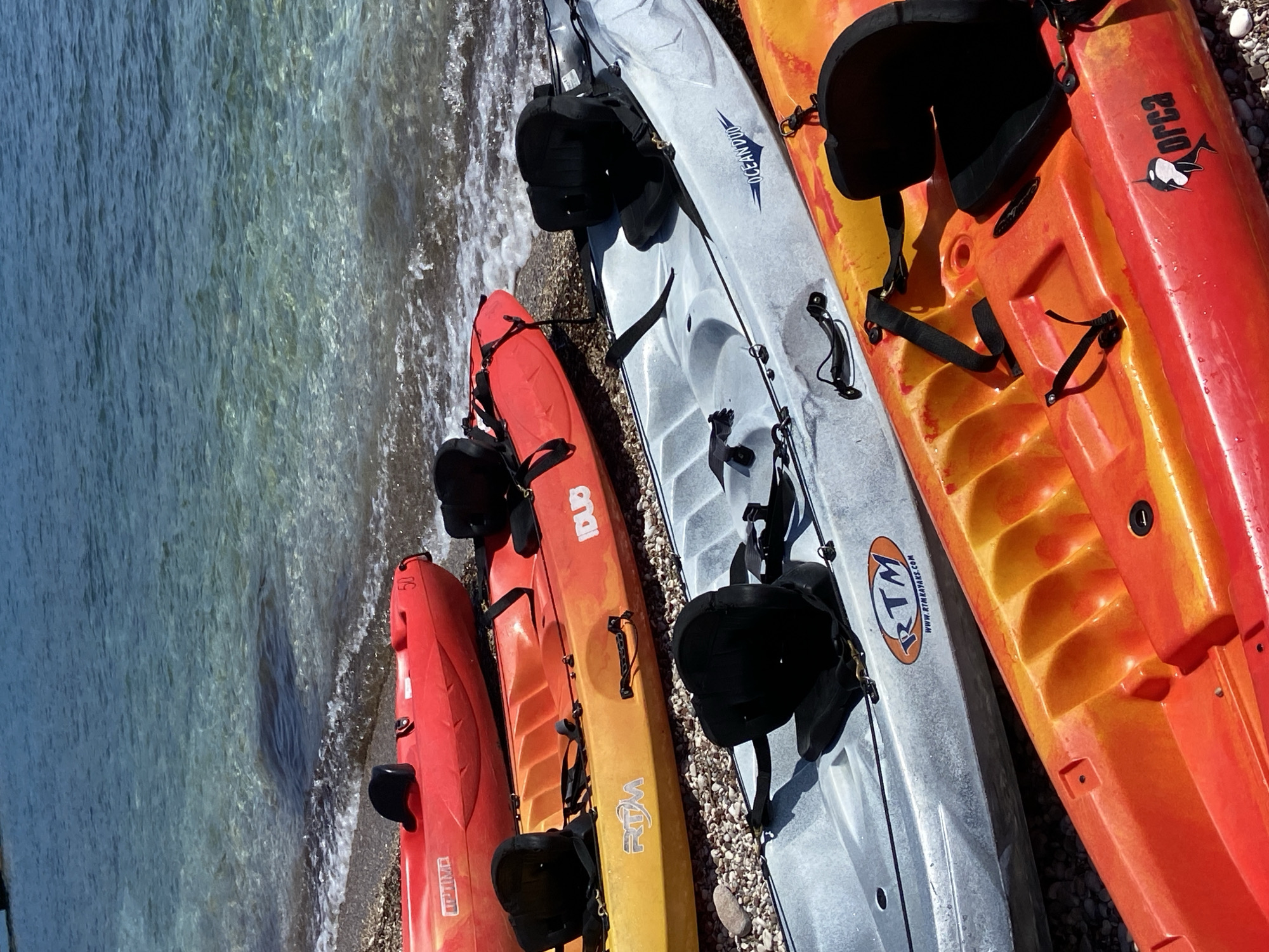 Five kayaks are lined up on a pebble beach next to the clear, turquoise water, possibly in the vicinity of Budva, Montenegro. From left to right, the kayaks are red, orange, yellow, silver, and orange-red. The kayaks each have a black seat installed. The kayaks are oriented perpendicular to the shoreline and arranged in order from smallest to largest. Each kayak has visible brand markings, including RTM (Rotomod), Ocean Duo, and Orca. The image is brightly lit. The perspective is overhead, taken from a low angle. The sky is clear.