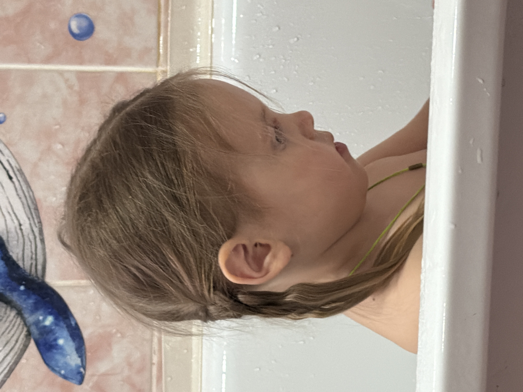 A young child is in a bathtub, presumably in a bathroom with tiled walls and a whale-themed decoration. The child has fair skin and light brown hair. The bathroom could be located in the city of Chaikovsky, Russia, but there is no definitive visual information to confirm this. The child is turned slightly to the side. It is unclear what the child is doing, but they appear to be interacting with the bathtub environment.