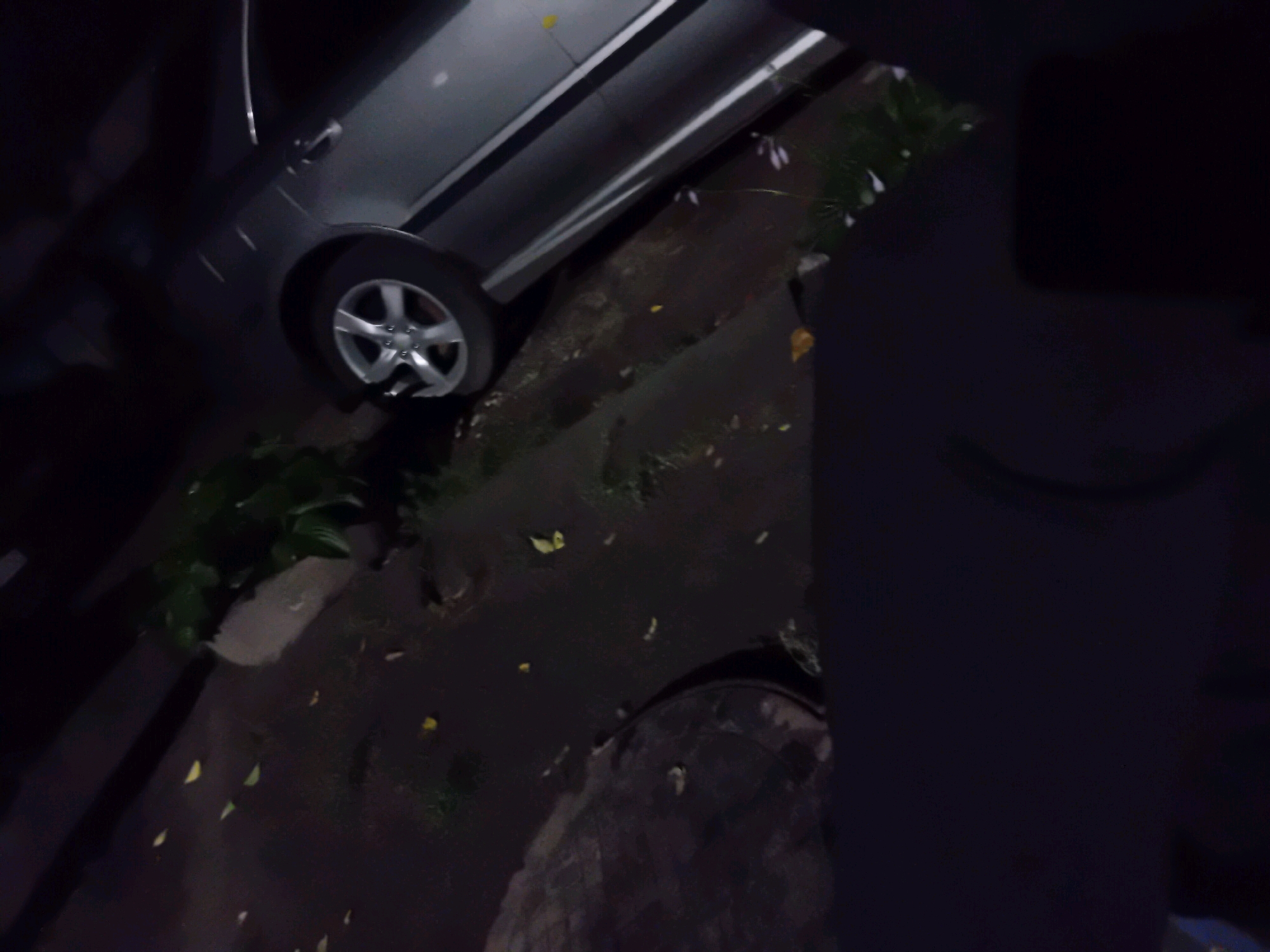 An exterior, low-light, tilted shot shows the rear passenger-side wheel of a silver car parked on the side of a street in Chuhuiv, Ukraine. The car is positioned diagonally on a paved surface, partially obscuring a manhole cover and wet pavement with scattered yellow leaves. Green foliage is visible to the left of the car. The right side of the frame is dominated by a dark, indistinct shape, possibly clothing or a shadow. The overall scene suggests an outdoor setting at night or in very low light conditions.