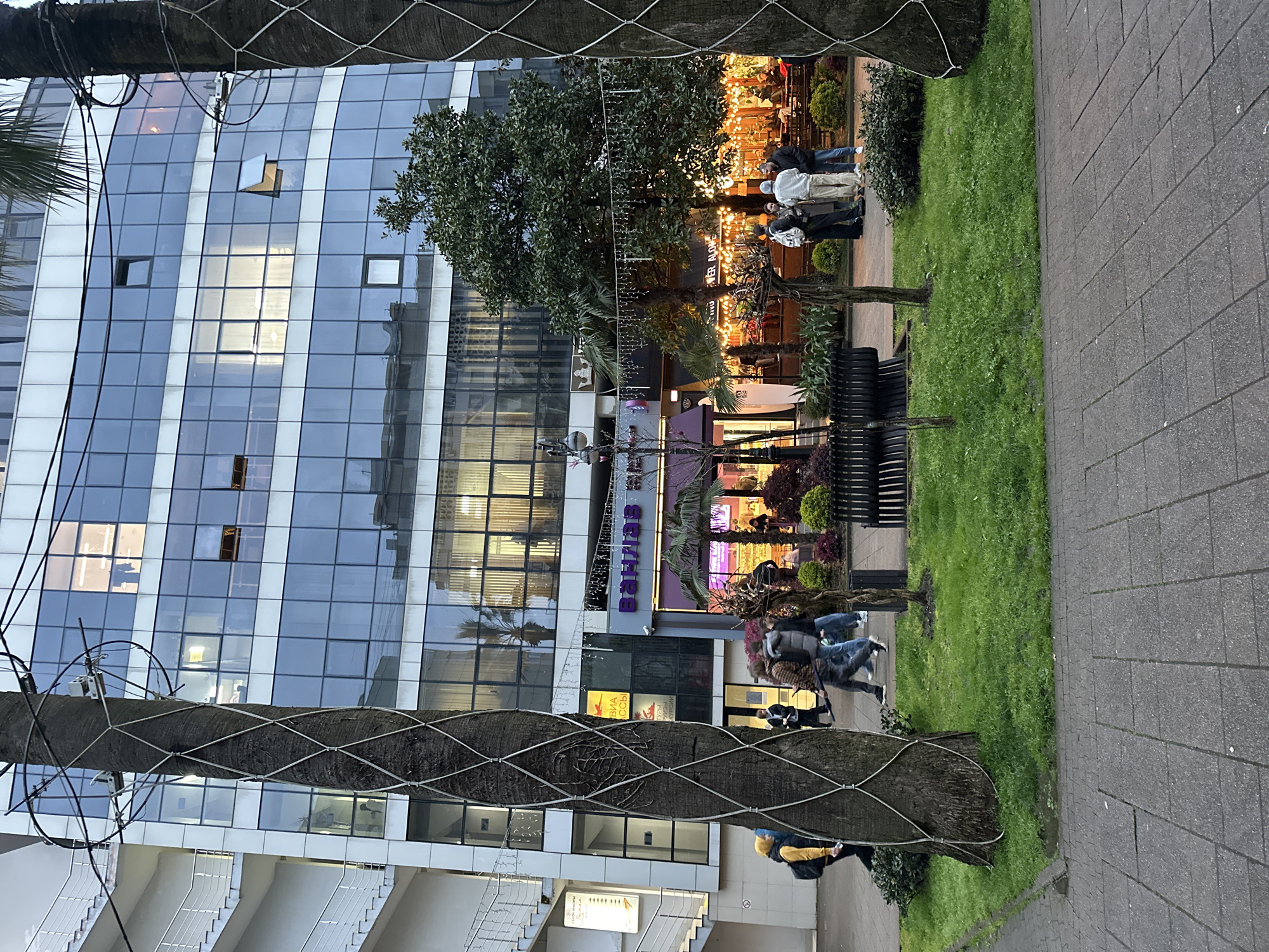 The image captures an urban scene in Sochi, Russia. A modern building with a glass facade reflecting the sky occupies a large portion of the left side of the frame. Palm trees, wrapped in a netting or support structure, are visible in the foreground, partially obscuring the building. To the right of the building, there's a public space or plaza with a grassy area, benches, and people walking. The overall light suggests either dusk or early evening. There are shops and other commercial establishments visible, indicated by signage and lighting. Pedestrians are moving along the walkway in the foreground, and groups of people are seen in the background, suggesting a lively atmosphere. The ground is paved with stone or concrete tiles.