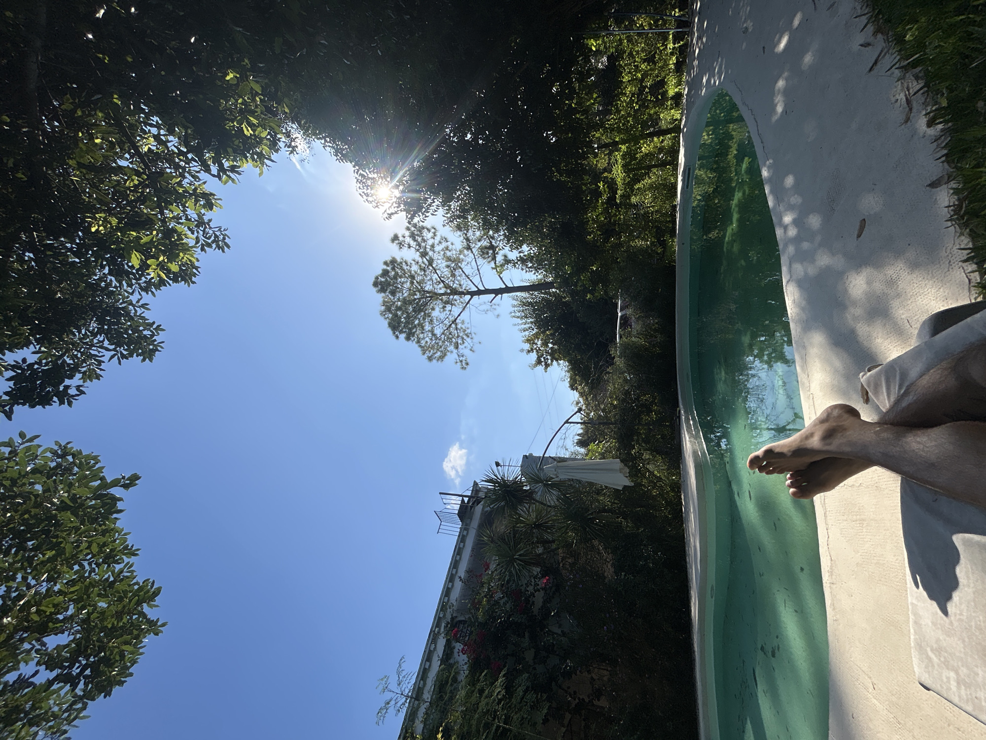 The image shows a view of a scene likely in Del Viso, Argentina. It is a sunny day, with a clear blue sky visible through the branches of trees in the upper left corner and around the top of the frame. Sunlight is visible through the trees.
The right side of the image features a swimming pool with green-tinted water. A person's crossed feet and lower legs are resting at the edge of the pool.
In the middle of the image, a building is partially visible, overgrown with vegetation. A white garment hangs on the building.