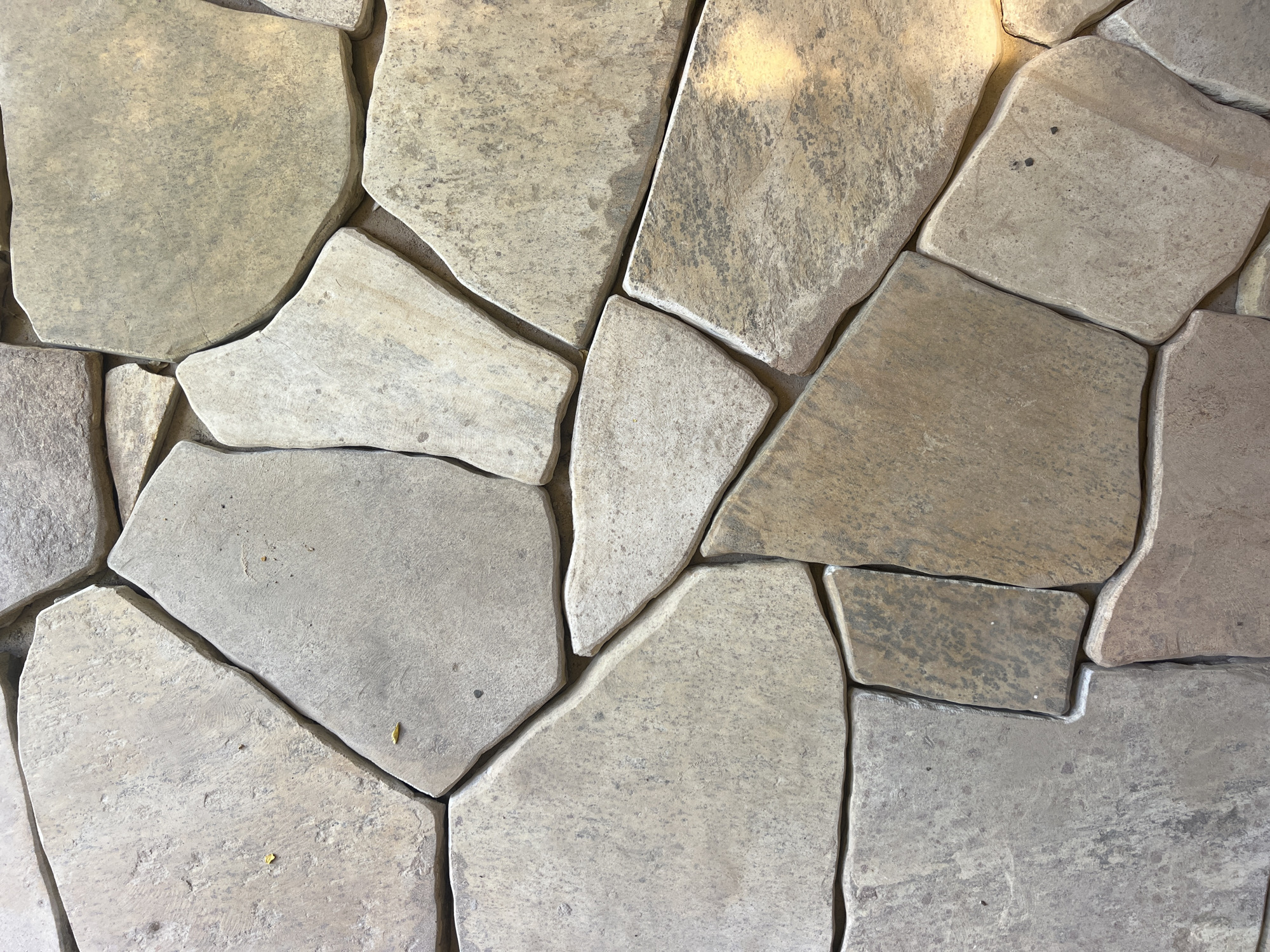 The image presents a detailed, close-up view of a surface constructed from irregularly shaped flat stones, likely a wall, pathway, or patio floor. The composition features numerous polygonal stones of varying sizes tightly fitted together.
The stones exhibit a natural color palette, predominantly ranging from light beige and warm grey to soft brown and subtle reddish-brown tones. Their surfaces show natural texture variations, including faint veining, speckles, and areas of smoother finish, characteristic of natural stone such as flagstone or slate. Some stones appear slightly weathered or aged, adding to their organic appeal.
Narrow lines of grout or mortar, primarily in dark grey or off-white, fill the gaps between the individual stones, highlighting their distinct, non-uniform shapes. The arrangement of the stones creates an intricate, puzzle-like pattern that covers the entire frame.
Bright, warm light illuminates the upper right portion of the image, creating a noticeable highlight and suggesting a direct light source from that direction, possibly sunlight or strong artificial lighting. This lighting also accentuates the subtle textures and color variations of the stones. Scattered across some of the stones are tiny specks of debris, possibly dust or small plant matter, visible upon closer inspection. There is no visible text anywhere in the image. The overall impression is one of a rustic yet carefully crafted stone surface.