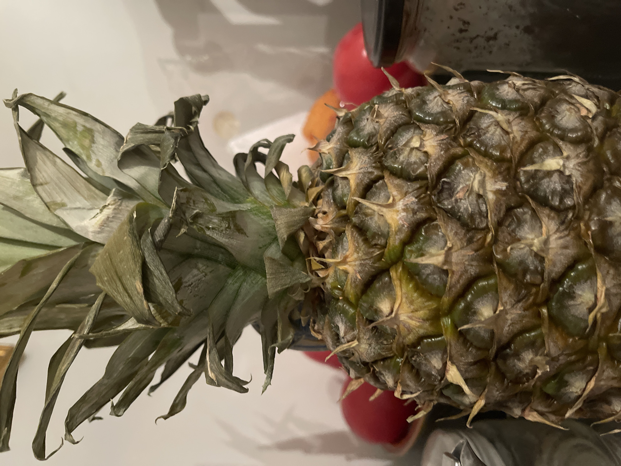 The image depicts a close-up of a pineapple, positioned horizontally. The pineapple's crown, consisting of long, green, blade-like leaves, is visible on the left. The body of the pineapple features a textured, segmented surface with shades of brown and green. Partially visible behind the pineapple are other round, red objects, possibly fruits, and a portion of a dark-colored container. The background appears to be a light-colored, smooth surface, likely a countertop or table. There is no information available in the image to indicate a location in Maidstone, United Kingdom.