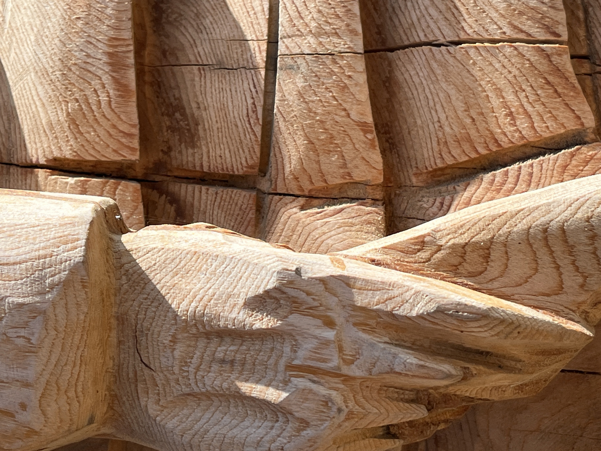 The image shows a close-up view of intricately carved wood, likely part of an outdoor sculpture or architectural element. The wood is light brown with visible grain patterns and rough, textured surfaces. In the foreground, to the left, a carved form suggests a limb or body part, with deep grooves and highlights indicating sharp detail. To the right, the wood is sectioned into rectangular blocks with distinct horizontal grain, creating a layered effect. Sunlight casts shadows, emphasizing the dimensionality of the carving and the texture of the wood. The location is stated as Ust-Muny, Russia, suggesting this is an outdoor art installation or decorative feature in that region.