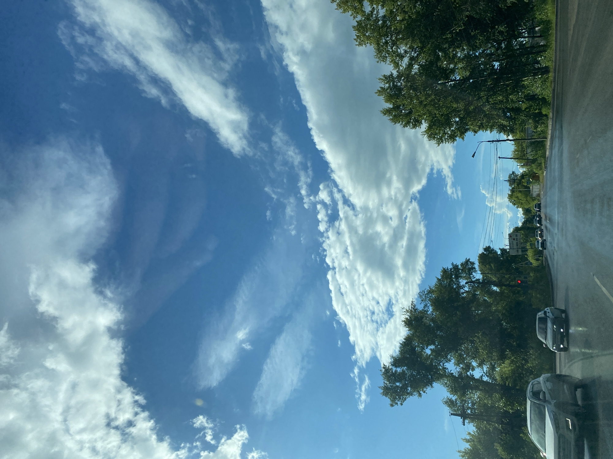 The image depicts a street scene with a focus on the sky and surrounding foliage. The sky is a vibrant blue, filled with various types of clouds. Some are wispy and elongated, stretching across the frame, while others are larger and more voluminous, casting subtle shadows. The overall impression of the sky is one of dynamic cloud formations on a clear day.
On the right side of the image, a wet asphalt road curves gently, suggesting recent rain or ongoing dampness. Several cars are visible on the road, moving in the same direction. The closest car is a dark sedan, followed by a lighter-colored SUV, and further back, more vehicles are present, indicating moderate traffic.
Lining the road is a dense canopy of lush green trees. Their leaves are full and vibrant, suggesting it is likely springtime or summer. The trees create a natural barrier between the road and whatever lies beyond. In the distance, more trees and buildings can be seen, hinting at an urban or suburban setting.
Streetlights and power lines are also visible, integrated into the landscape, common elements of a developed area. A traffic light is illuminated red, implying a stop or intersection. One signpost with text is visible, but the text is not legible.
The lighting and cloud patterns suggest it is daytime, likely mid-morning or afternoon, given the brightness and the direction of any potential shadows. The wet road indicates recent precipitation or high humidity, contributing to a somewhat muted atmosphere, though the bright sky suggests a clearing or post-rain period. The overall scene evokes a sense of everyday movement and the natural beauty of a tree-lined street under a dynamic sky.