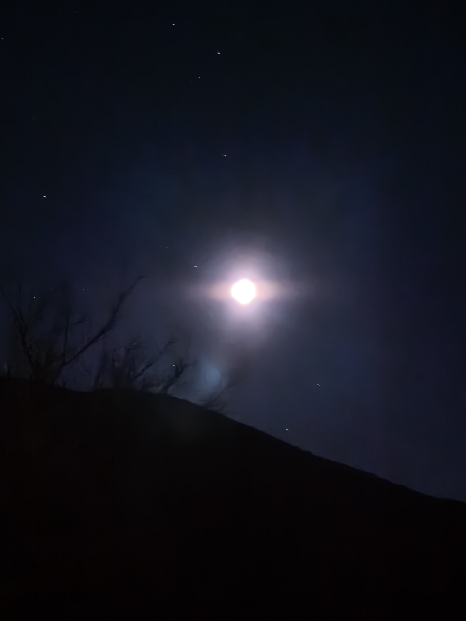 The image shows a night scene with a bright full moon dominating the sky. There are a few visible stars scattered around the moon. In the foreground, there's a dark, silhouetted landscape that appears to be a hill or a mound of earth, with bare trees and branches emerging from the top. The overall impression is one of quiet, nocturnal scenery. Location: Unknown, Unknown.