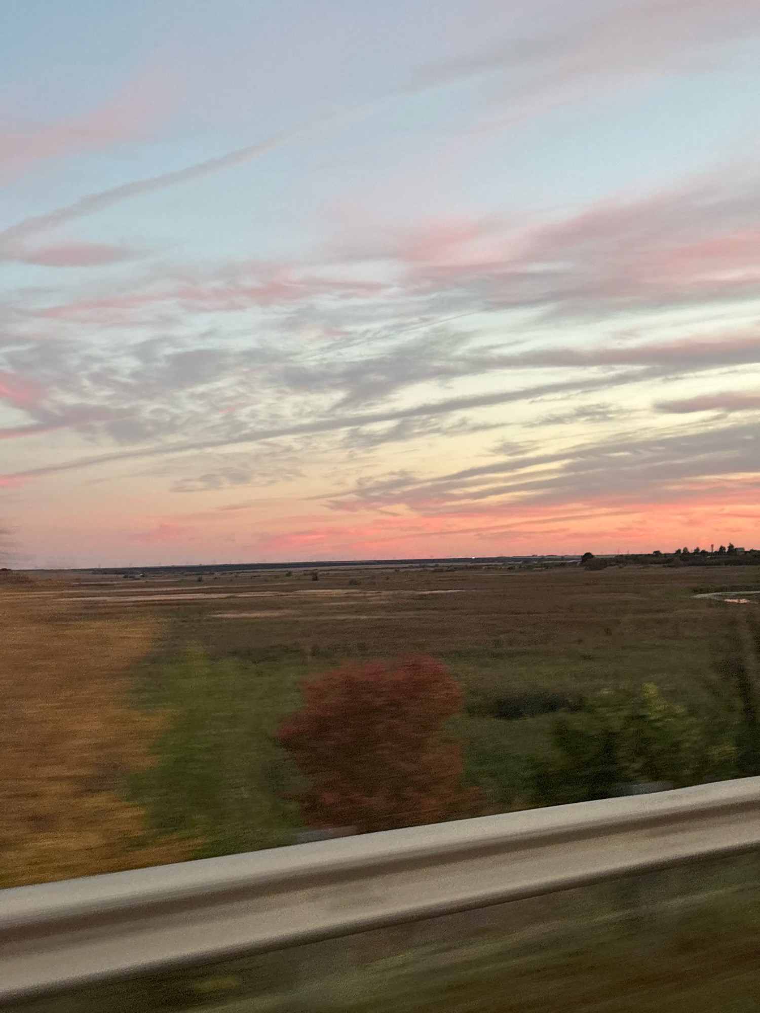 The image depicts a rural landscape at sunset. A vast, flat expanse of fields stretches to the horizon, with a hint of distant trees and structures. The sky is a canvas of soft pastel colors, with streaks of pink, orange, and blue from the setting sun. The foreground features a blurred section of a road barrier, indicating the photograph was taken from a moving vehicle. The overall impression is one of peaceful twilight in a remote, undeveloped area. The provided location of Trostyanka, Russia, suggests this is a view of the Russian countryside.