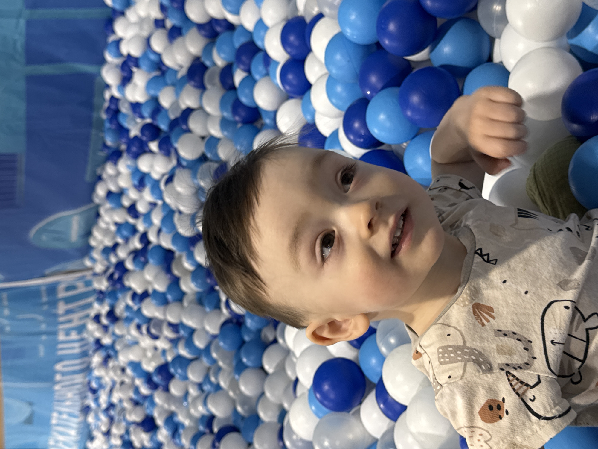 A young child, likely a toddler, is depicted in a large ball pit filled with thousands of plastic balls in shades of dark blue, light blue, and white. The child is positioned in the upper right portion of the frame, looking towards the viewer with a slight smile, suggesting enjoyment. Their face and a visible hand, resting on the balls, are prominent. The child has short, dark hair and is wearing a light-colored t-shirt adorned with line-drawn patterns of animals or whimsical creatures, including what appears to be a dinosaur and other abstract shapes.
The setting is an indoor entertainment or play center in Izhevsk, Russia, as indicated by the context and partially visible Cyrillic text on a blue wall or banner in the background. The text appears to read "РАЗВЛЕКАТЕЛЬНЫЙ ЦЕНТР" (RAZVLEKATELNYY TSENTR), meaning "Entertainment Center." The ball pit is densely packed, creating a playful environment. The overall lighting is bright, consistent with an indoor commercial establishment. The image is captured from a slightly elevated perspective, looking down into the ball pit.