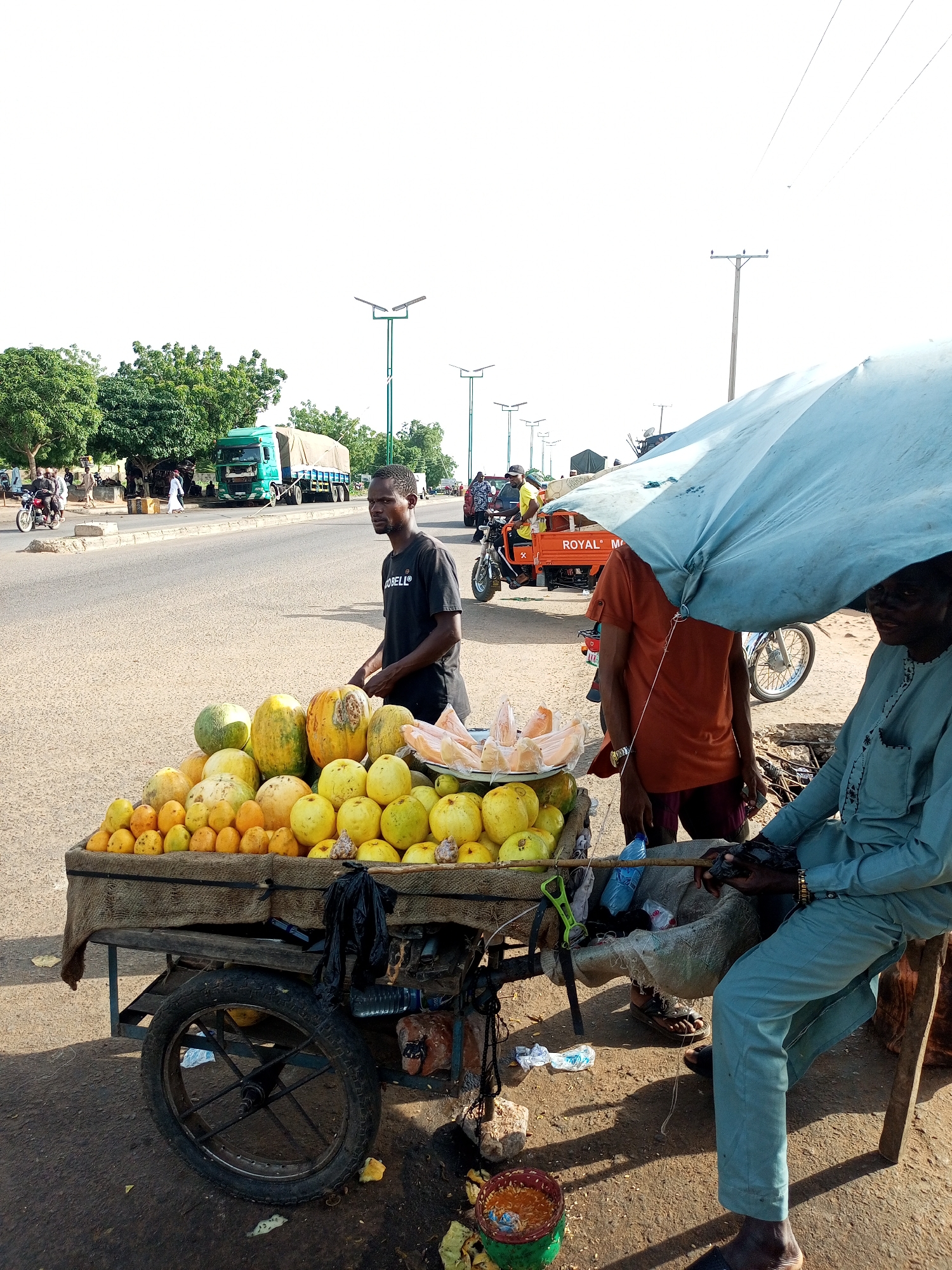 This is a street scene in Gombe, Nigeria, featuring a fruit vendor and his cart laden with various fruits, primarily melons and possibly oranges or guavas. The vendor, a man wearing a black t-shirt, stands behind his cart. To the right, another man, wearing a light blue traditional outfit, sits on a stool under a large blue umbrella, partially obscuring him. The cart is on a dirt roadside, adjacent to a paved road where traffic, including a green truck and motorcycles, is visible. In the background, there are trees, streetlights, and utility poles. The overall impression is of a busy urban marketplace.