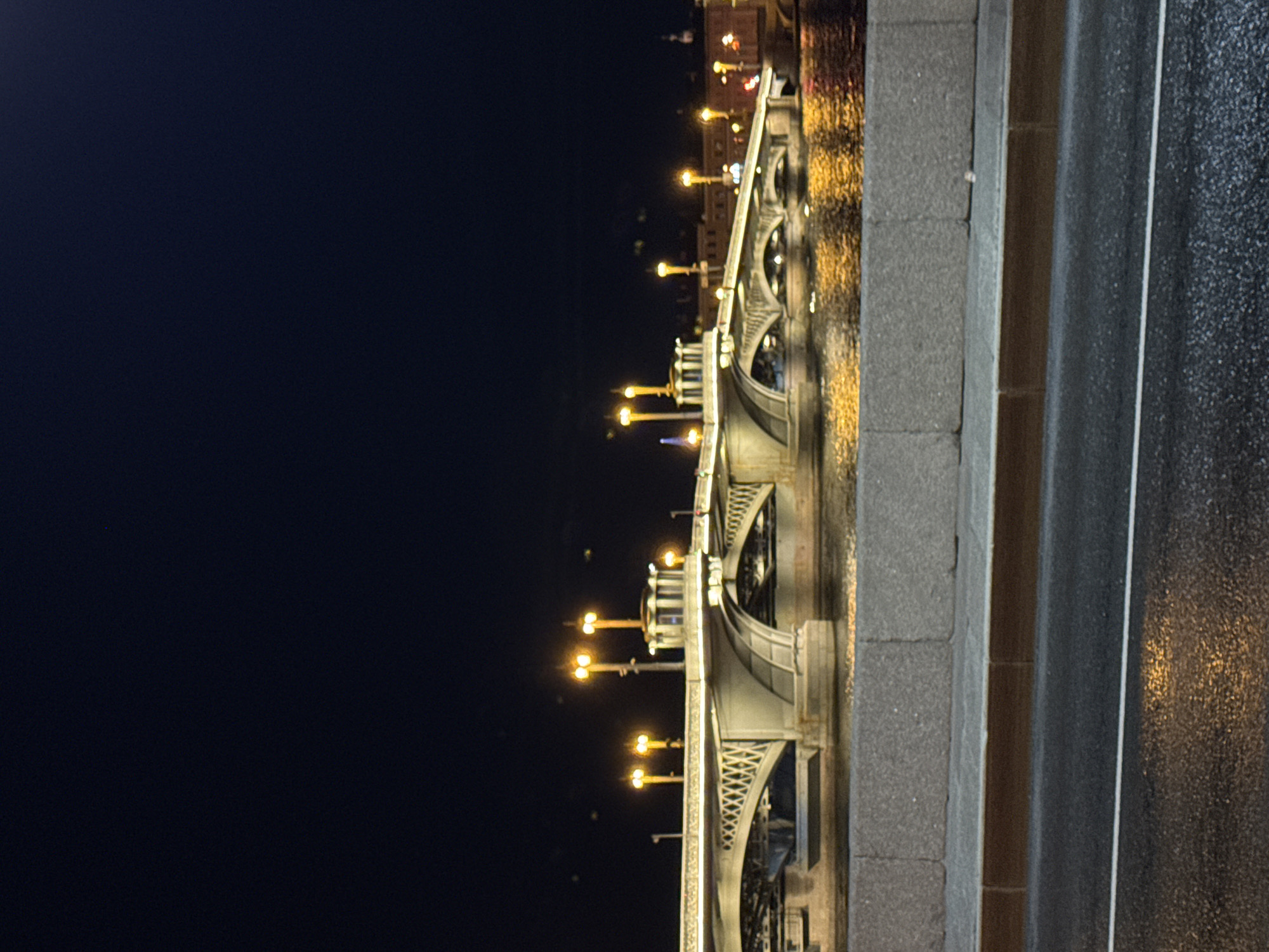 At night, a bridge in Saint Petersburg, Russia, is illuminated by rows of street lamps. The bridge's ornate architecture arches over water, with its reflection visible in the calm surface. A concrete barrier separates the bridge from an adjacent roadway, which appears wet, reflecting the lights of the city. The sky is dark and clear.