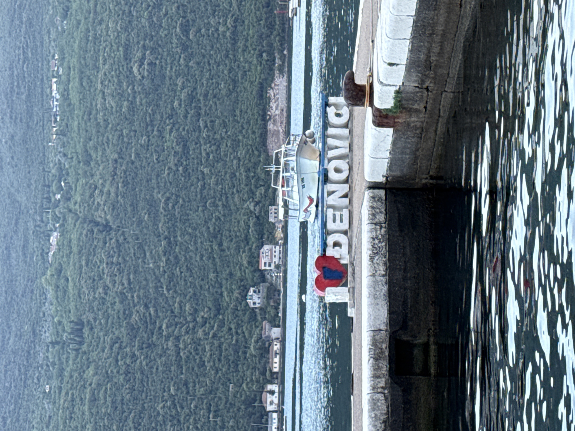 The image shows a portion of the waterfront in Đenovići, Montenegro. The foreground features a concrete pier with the name "ĐENOVIĆI" spelled out vertically. A boat is docked at the pier. Across the water is a forested hillside, interspersed with residential buildings. The water is slightly rippled.