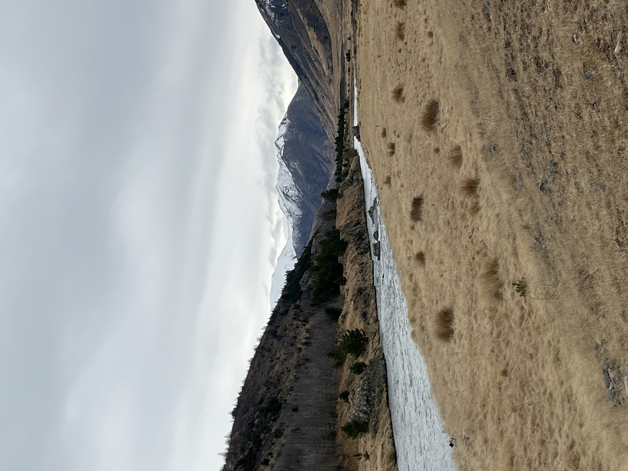 The image depicts a panoramic view of a valley in the Saint James Range, New Zealand. A wide, fast-flowing river with choppy water runs through the center of the frame from left to right. The riverbanks are covered in dry, golden-brown grass, with scattered rocks.

To the left of the river, a steep, tree-covered hillside rises. The trees are mostly bare or have sparse foliage, suggesting a cooler season. Above the treeline, the rocky slopes of the hill are visible.

In the background, a range of majestic mountains dominates the horizon. These mountains are snow-capped, with sharp peaks and shadowed valleys. The sky is overcast with heavy, grey clouds, creating a subdued and atmospheric lighting condition.

The overall scene conveys a sense of wild, natural beauty and ruggedness, characteristic of the New Zealand alpine landscape. There are no visible people in the image.
