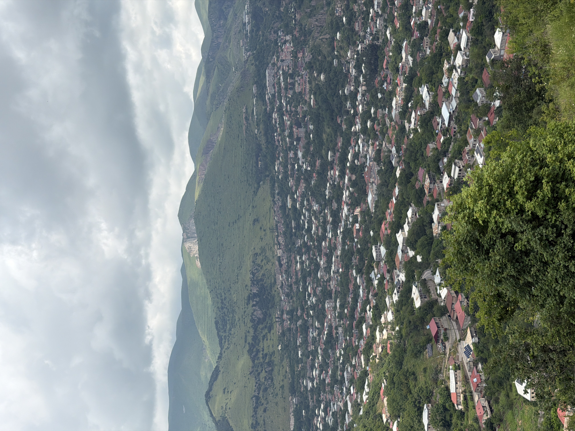 This is a vertical, high-angle, full shot of a densely populated mountainside town. The town, identified as Goris, Armenia, sprawls across a steep, green mountain slope. Numerous houses with red and white roofs are nestled among thick green trees, creating a textured mosaic. The houses appear to be of various sizes and architectural styles, with some showing signs of age. Several roads and pathways wind through the settlement. Solar panels are visible on the roofs of some houses, indicating a blend of traditional and modern infrastructure.
In the background, imposing green mountains rise, their slopes dotted with sparse vegetation and rocky outcrops. The sky above is overcast with soft, grey clouds, suggesting a diffused light and potentially cooler weather. The overall scene depicts a vibrant community integrated into a dramatic natural landscape. There is no visible text in the image. The activity taking place is simply the existence and habitation of the town within its mountainous setting. The time of day appears to be daytime, but the overcast conditions prevent a precise determination. The emotion evoked is one of awe at the scale of the mountains and the resilience of the community inhabiting such a challenging terrain.