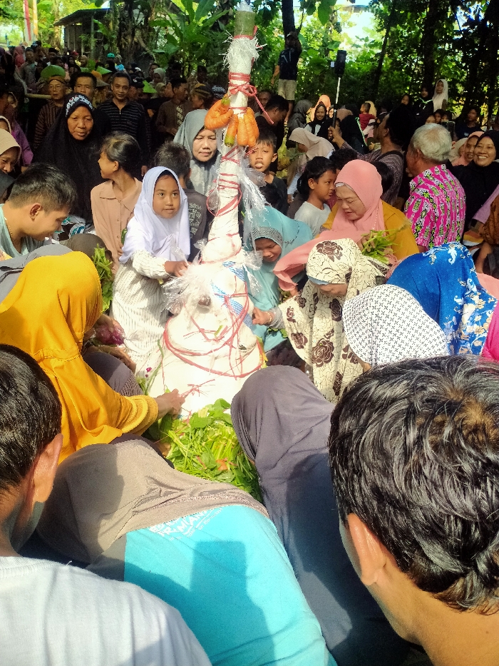 The image shows a large group of people gathered around a central object, likely a religious offering or a ceremonial item, wrapped in white cloth and tied with red string. The object is decorated with green leafy vegetables and carrots. The people are predominantly dressed in traditional clothing, many of them wearing headscarves. The image likely captures a religious or cultural ceremony in Masaran, Indonesia, based on the provided coordinates. The crowd includes men, women, and children, with various individuals appearing to interact with the central object. The environment is a public space, likely a village square or a communal area.