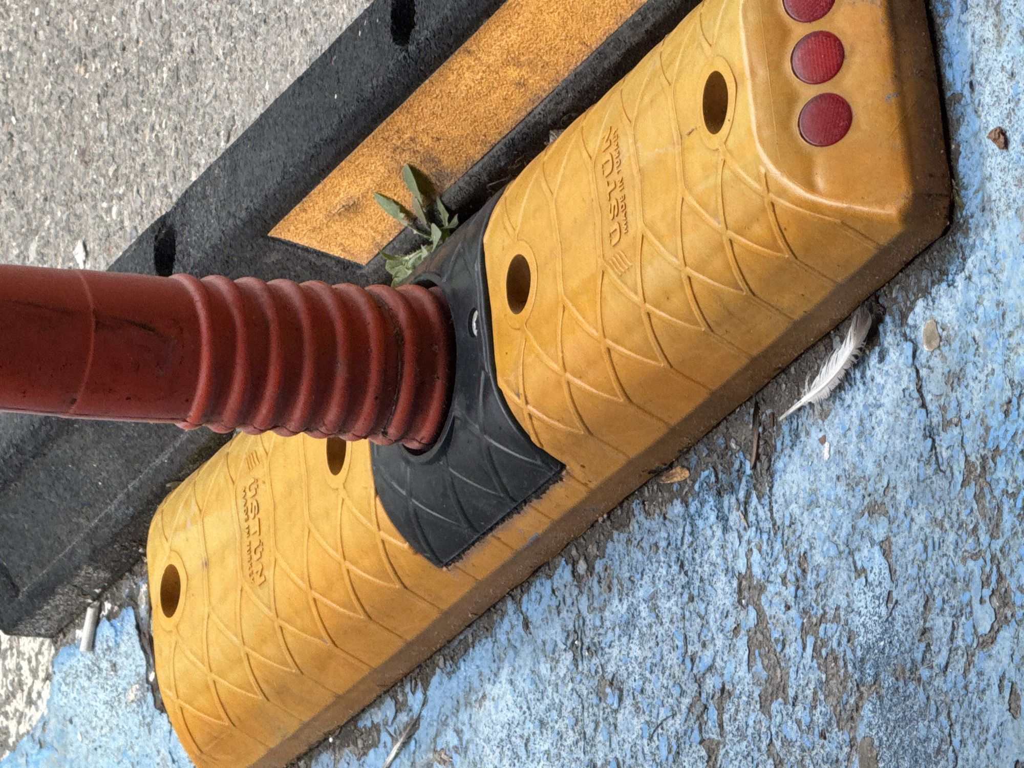 The image captures a ground-level view of urban infrastructure elements, likely in Sofia, Bulgaria. The central subject is a yellow, possibly plastic or rubber, road barrier or speed bump segment, featuring a patterned, slightly textured surface resembling a fish scale or waffle design. Embedded within this yellow segment is a red, corrugated pipe that extends diagonally from the lower left towards the top left, secured by a black rubber attachment piece that bridges the pipe and the barrier.
The ground surrounding the barrier consists of multiple textures and colors. To the left and top, there is gray asphalt or concrete pavement. Adjacent to the yellow barrier on the top-left side is a black section, possibly another part of a barrier or a dark road marking, with a parallel yellow stripe indicating a boundary or hazard. In the gap between the black section and the yellow barrier, a small green weed with several leaves is growing.
On the right side and extending towards the bottom, the ground is painted a faded and peeling light blue, revealing the darker surface underneath. A small white feather is visible on this blue-painted ground near the bottom right corner of the yellow barrier.
The yellow barrier segment has three circular red reflectors on its far right end, providing visibility. Additionally, there are several circular indentations or holes, likely for securing the barrier to the ground. Visible text on the yellow barrier reads "CUSTOM" and "MADE IN KOREA", with what appears to be Korean characters "바닥고정" (meaning "ground fixing" or "floor fixing") above "CUSTOM". The lighting suggests it is daytime, and there are no discernible human activities or emotions. The overall scene shows signs of wear and tear, indicating regular outdoor exposure.