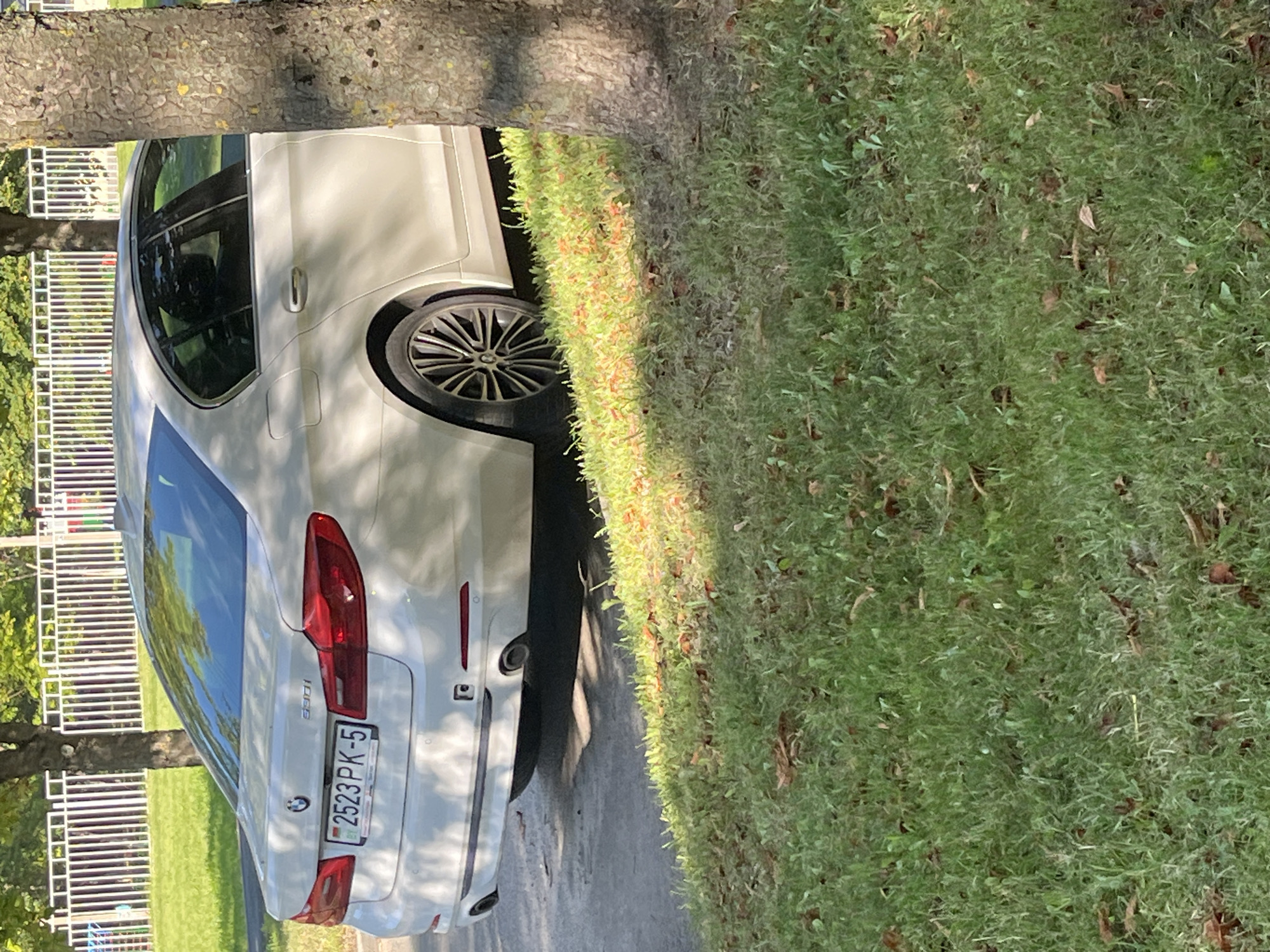 The image shows the rear passenger side of a white BMW sedan, license plate 2523 PK-5, parked on a paved surface next to a grassy area. A tree trunk is prominently in the foreground, partially obscuring the car. In the background, a white picket fence and trees are visible, suggesting an urban or suburban setting. The lighting indicates it is daytime. The car's bumper, taillight, and wheel are clearly visible.